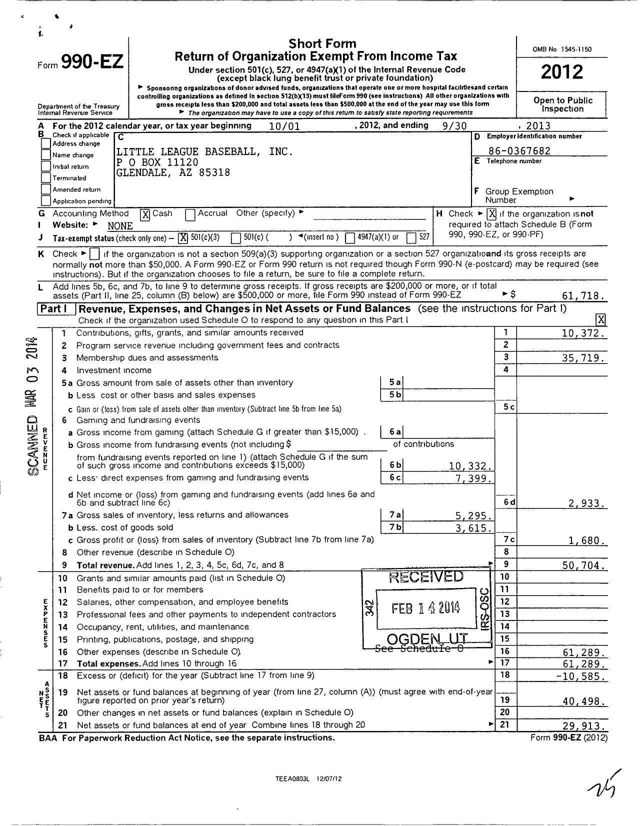 Image of first page of 2012 Form 990EZ for Little League Baseball - 4030210 Deer Valley LL