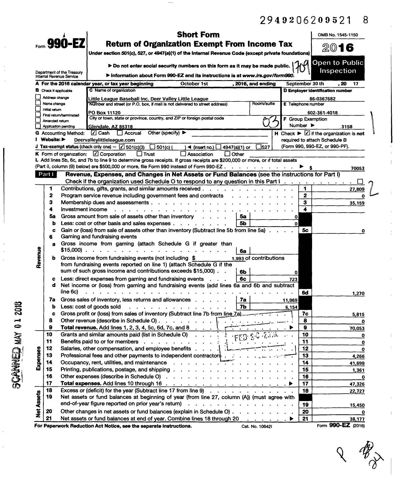 Image of first page of 2016 Form 990EZ for Little League Baseball - 4030210 Deer Valley LL