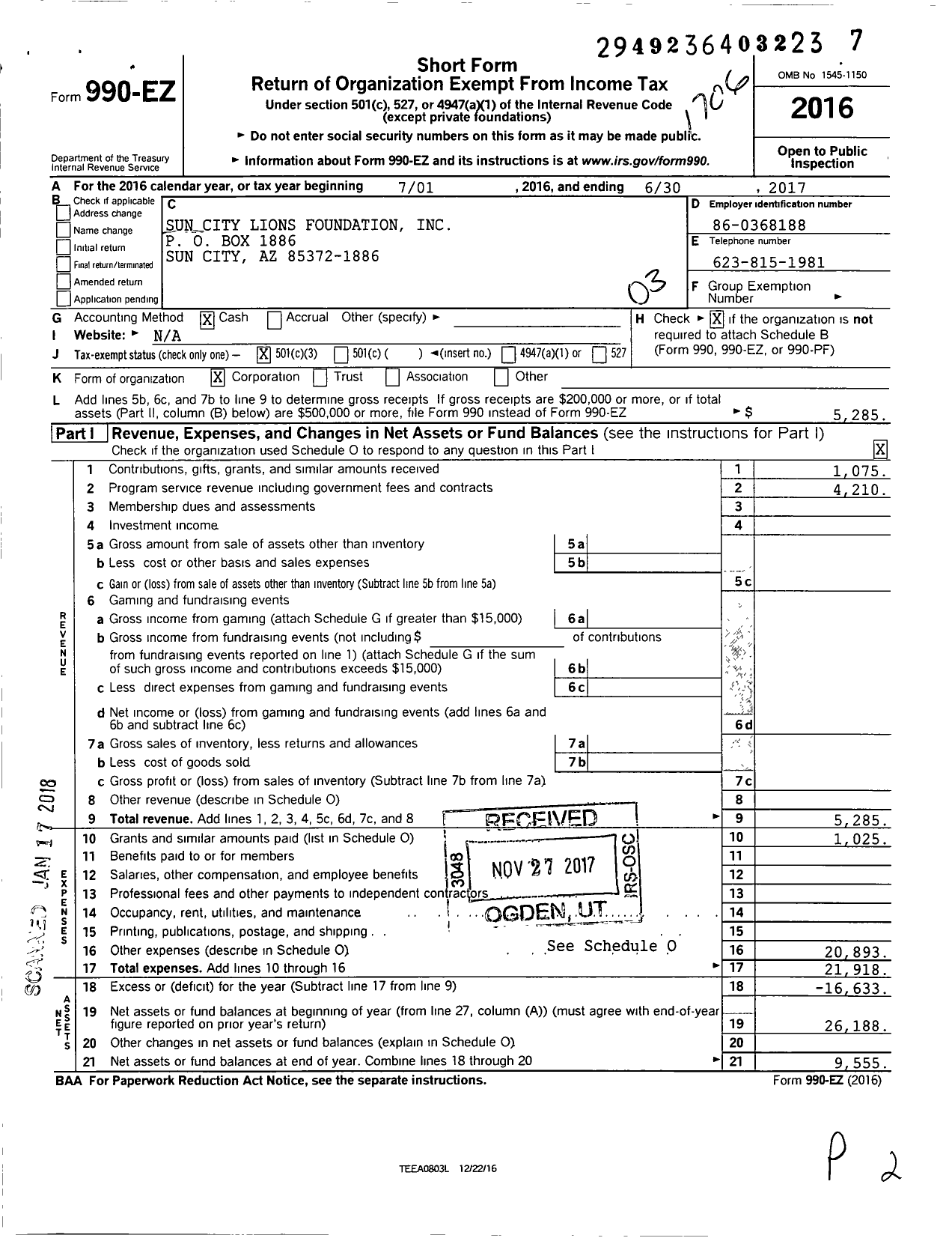 Image of first page of 2016 Form 990EZ for Sun City Lions Foundation