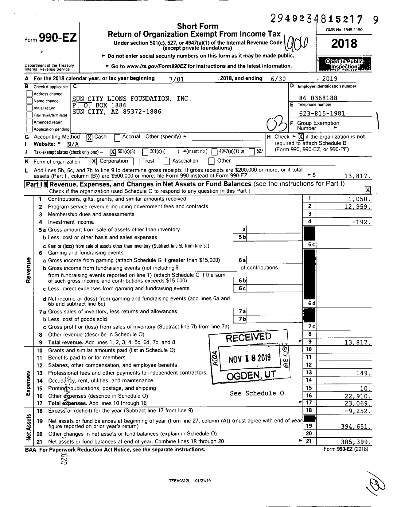 Image of first page of 2018 Form 990EZ for Sun City Lions Foundation