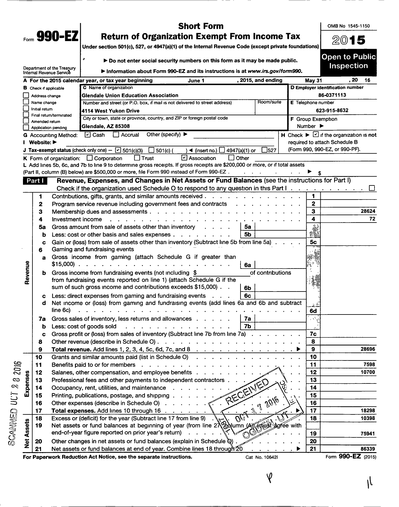 Image of first page of 2015 Form 990EZ for Glendale Union Education Association N