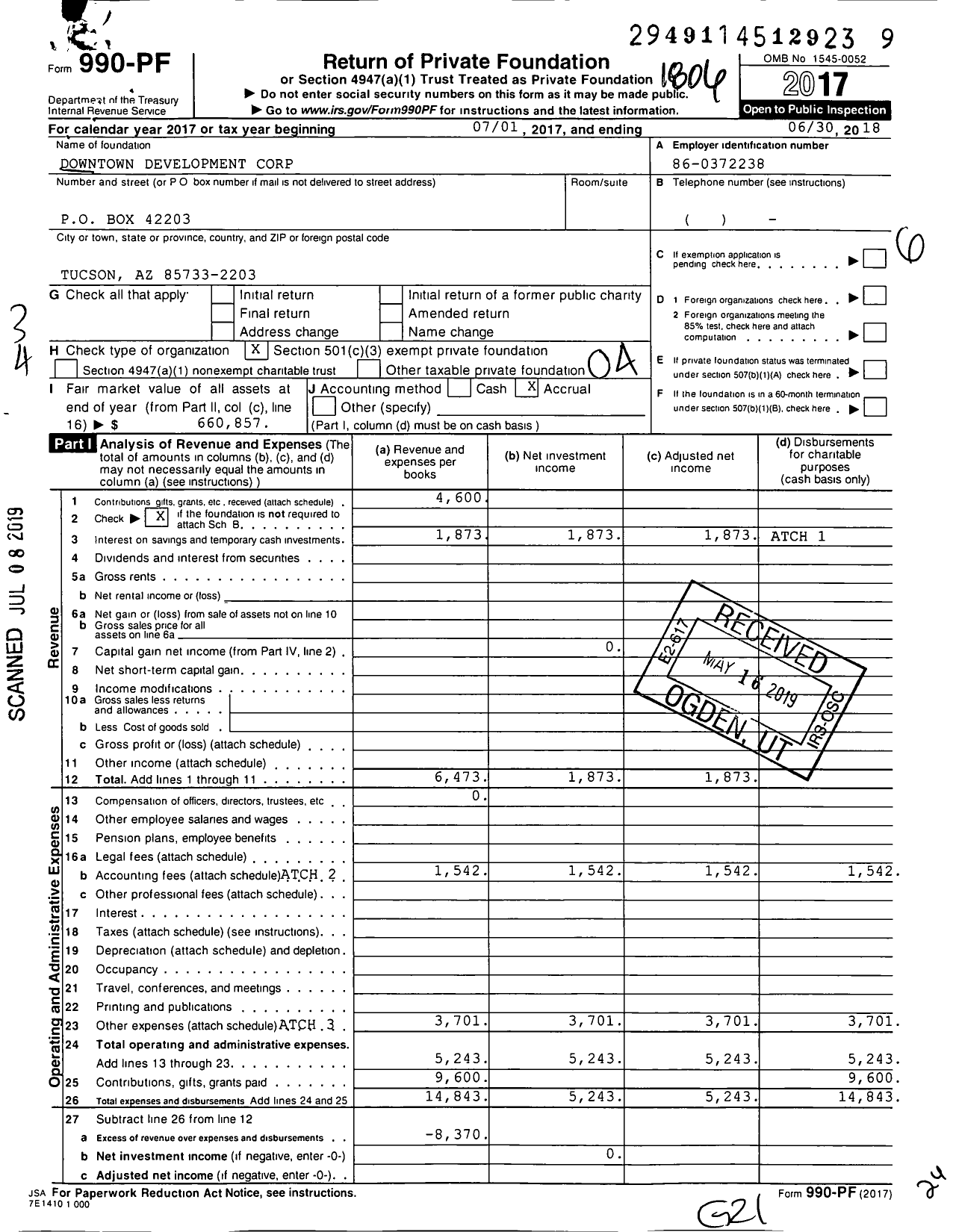 Image of first page of 2017 Form 990PF for Downtown Development Corporation