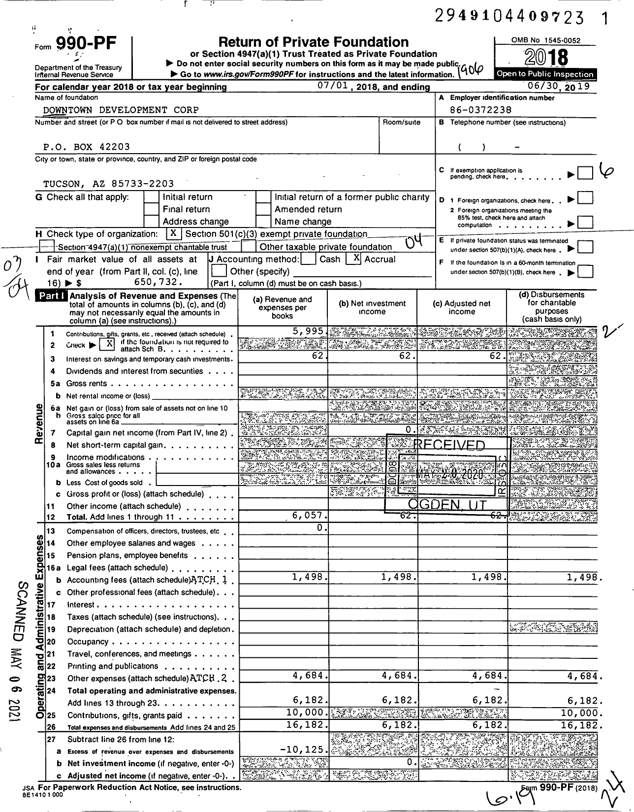 Image of first page of 2018 Form 990PF for Downtown Development Corporation