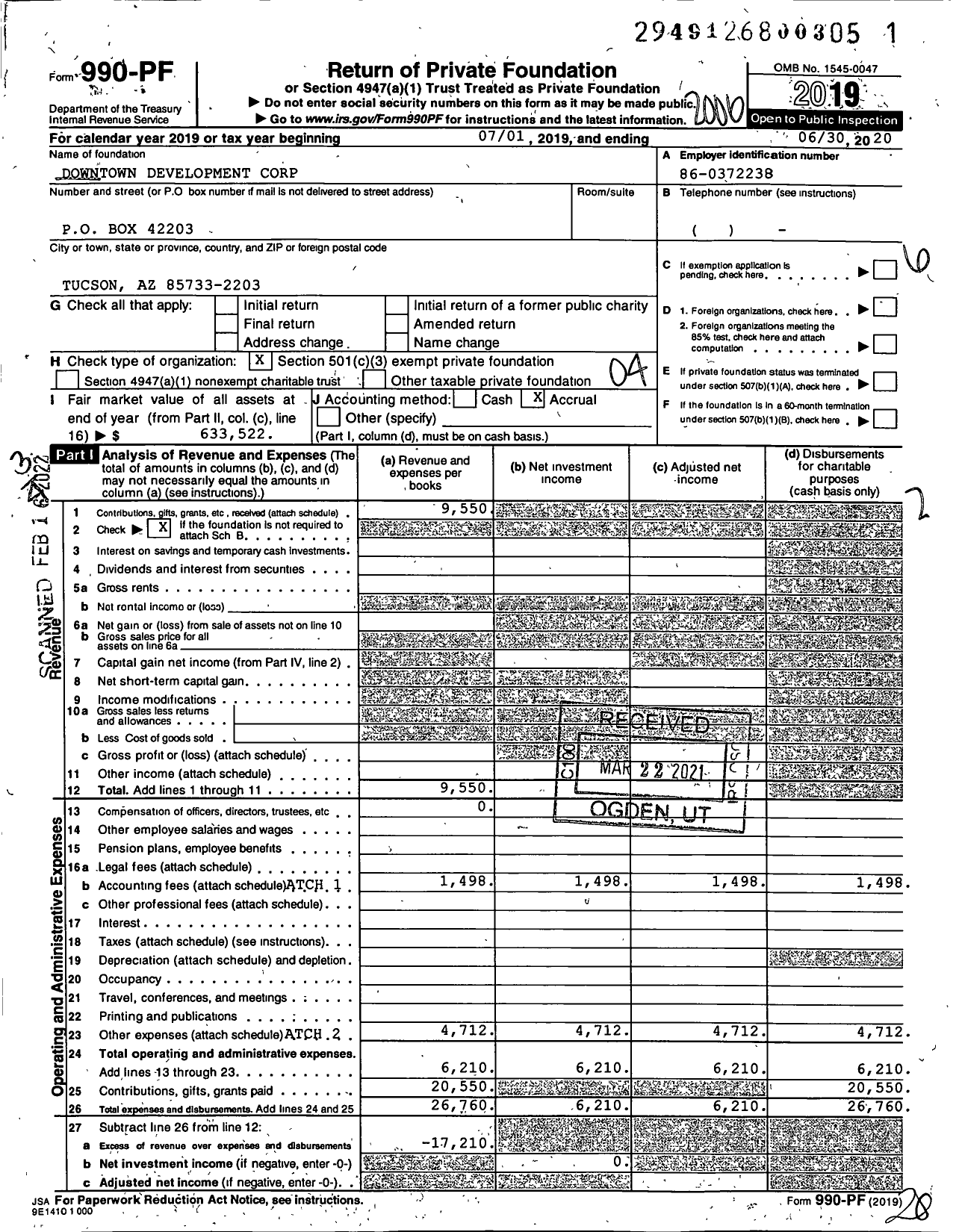 Image of first page of 2019 Form 990PF for Downtown Development Corporation