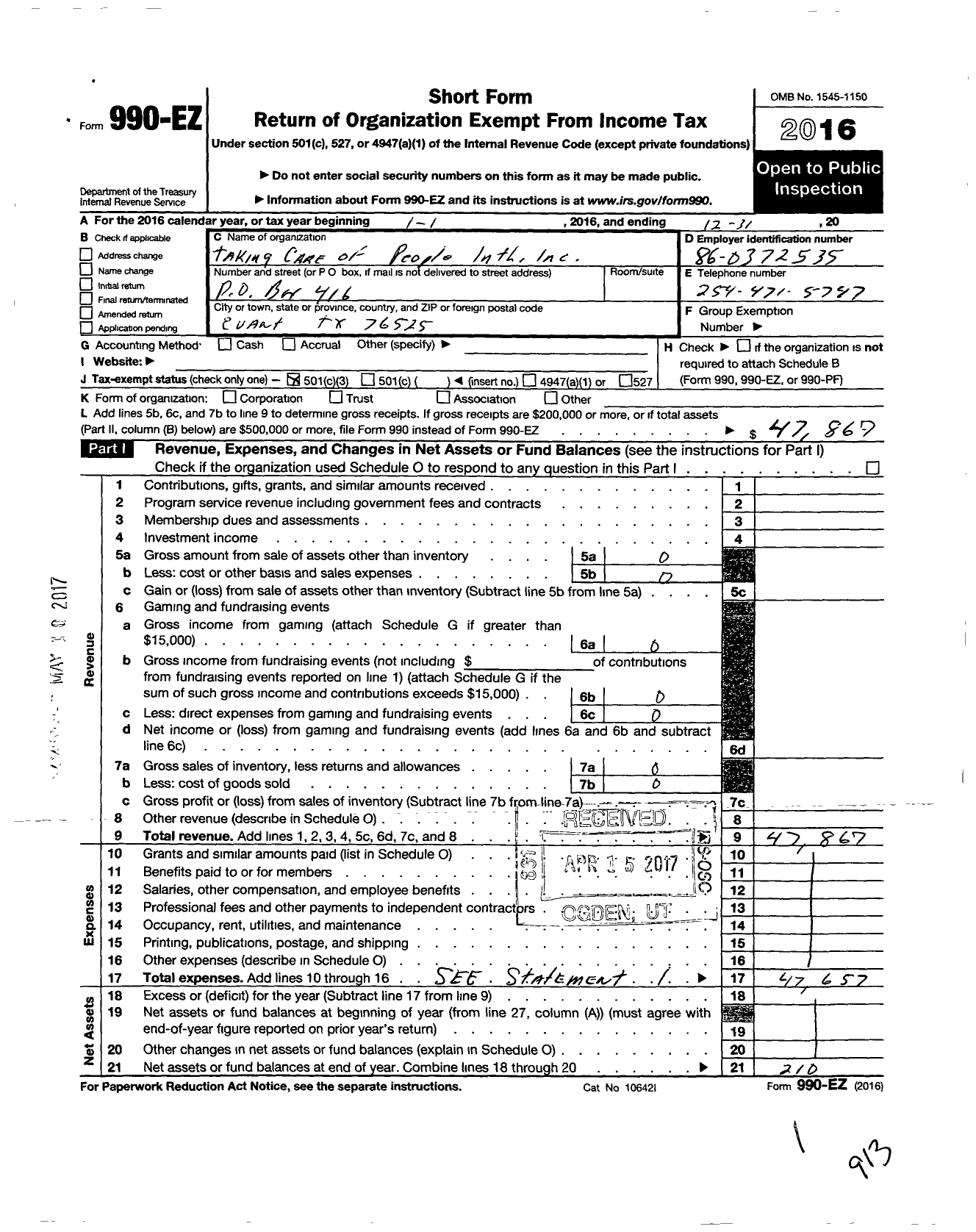 Image of first page of 2016 Form 990EZ for Taking Care of People International