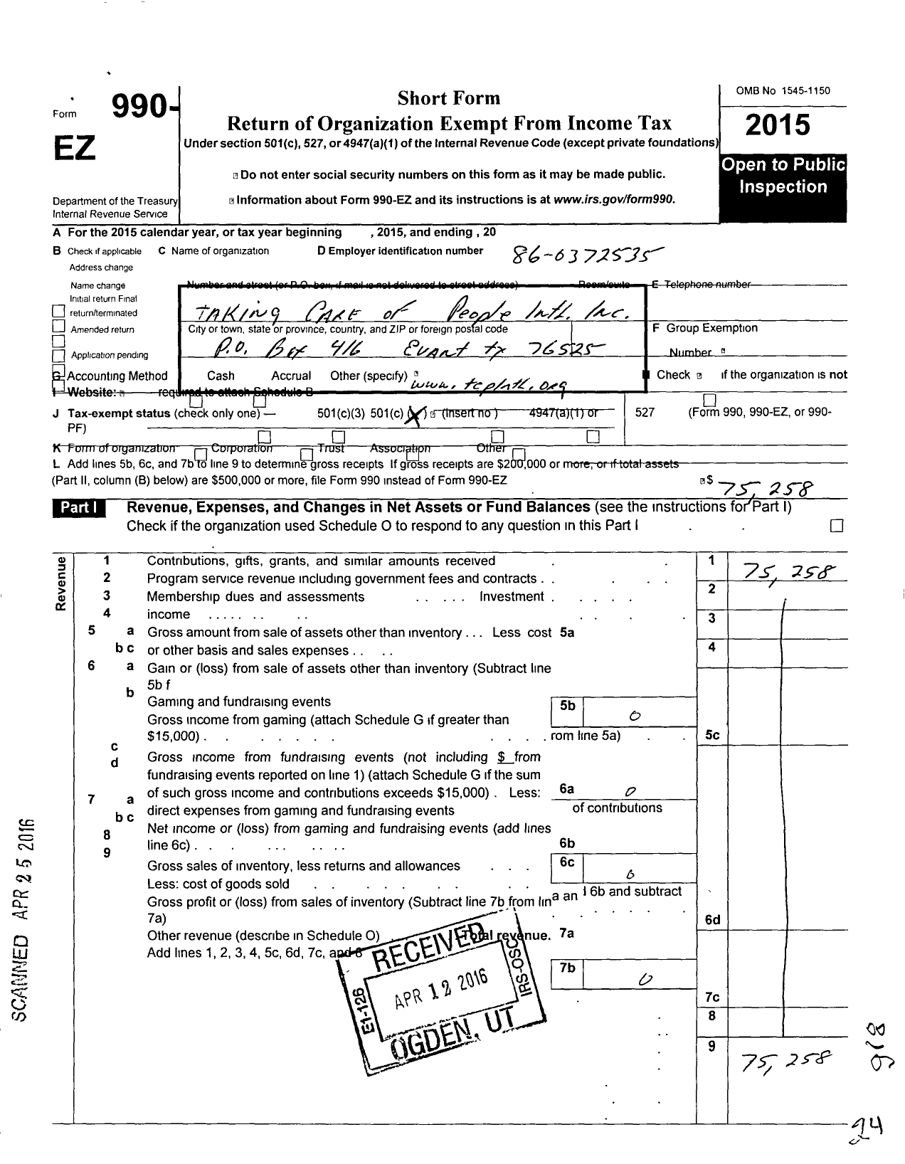 Image of first page of 2015 Form 990EO for Taking Care of People International