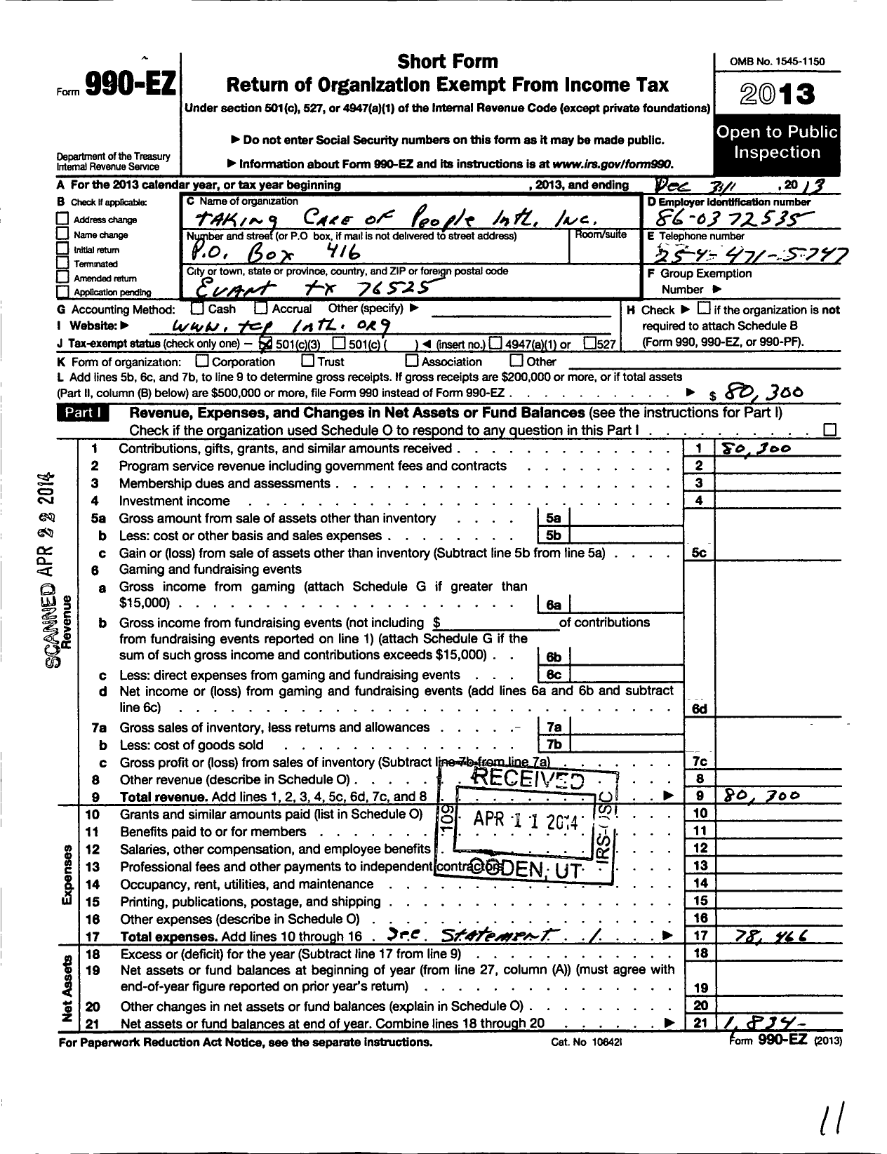 Image of first page of 2013 Form 990EZ for Taking Care of People International