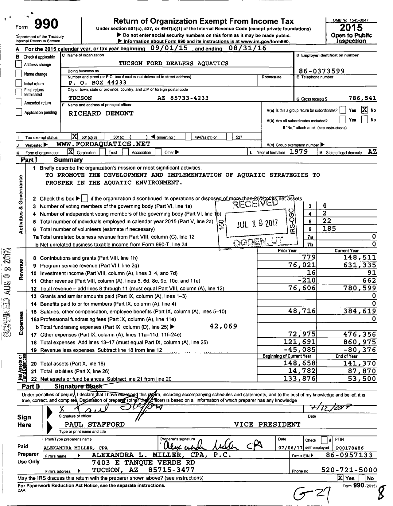 Image of first page of 2015 Form 990 for Tucson Ford Dealers Aquatics