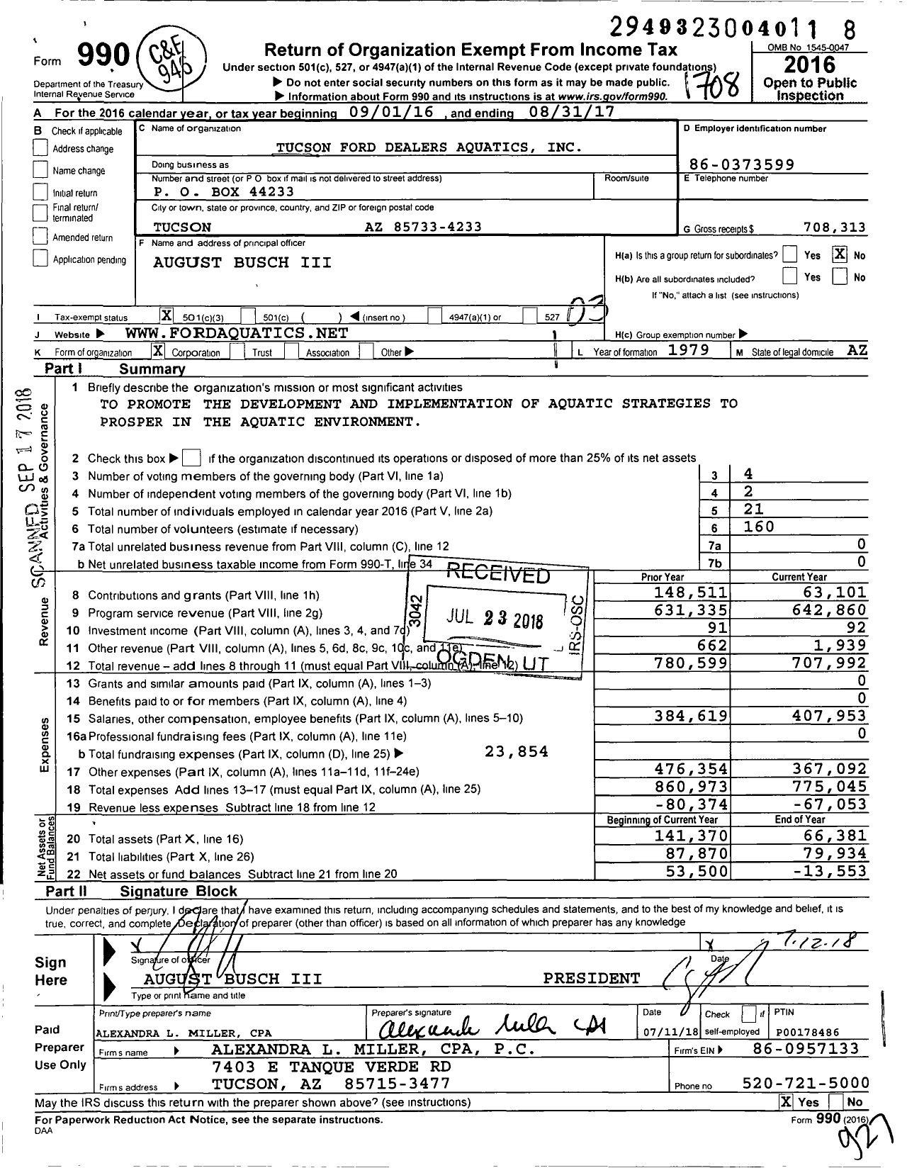 Image of first page of 2016 Form 990 for Tucson Ford Dealers Aquatics