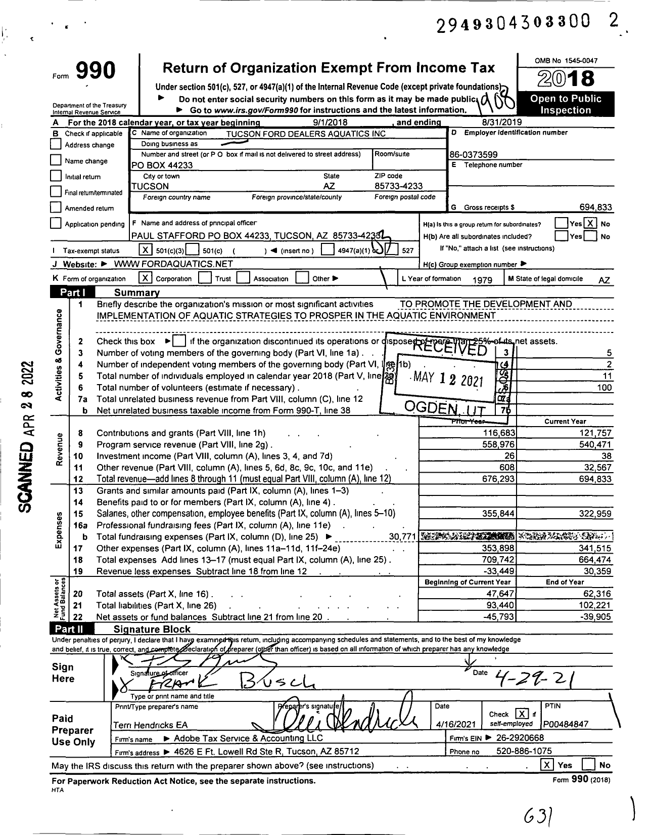 Image of first page of 2018 Form 990 for Tucson Ford Dealers Aquatics