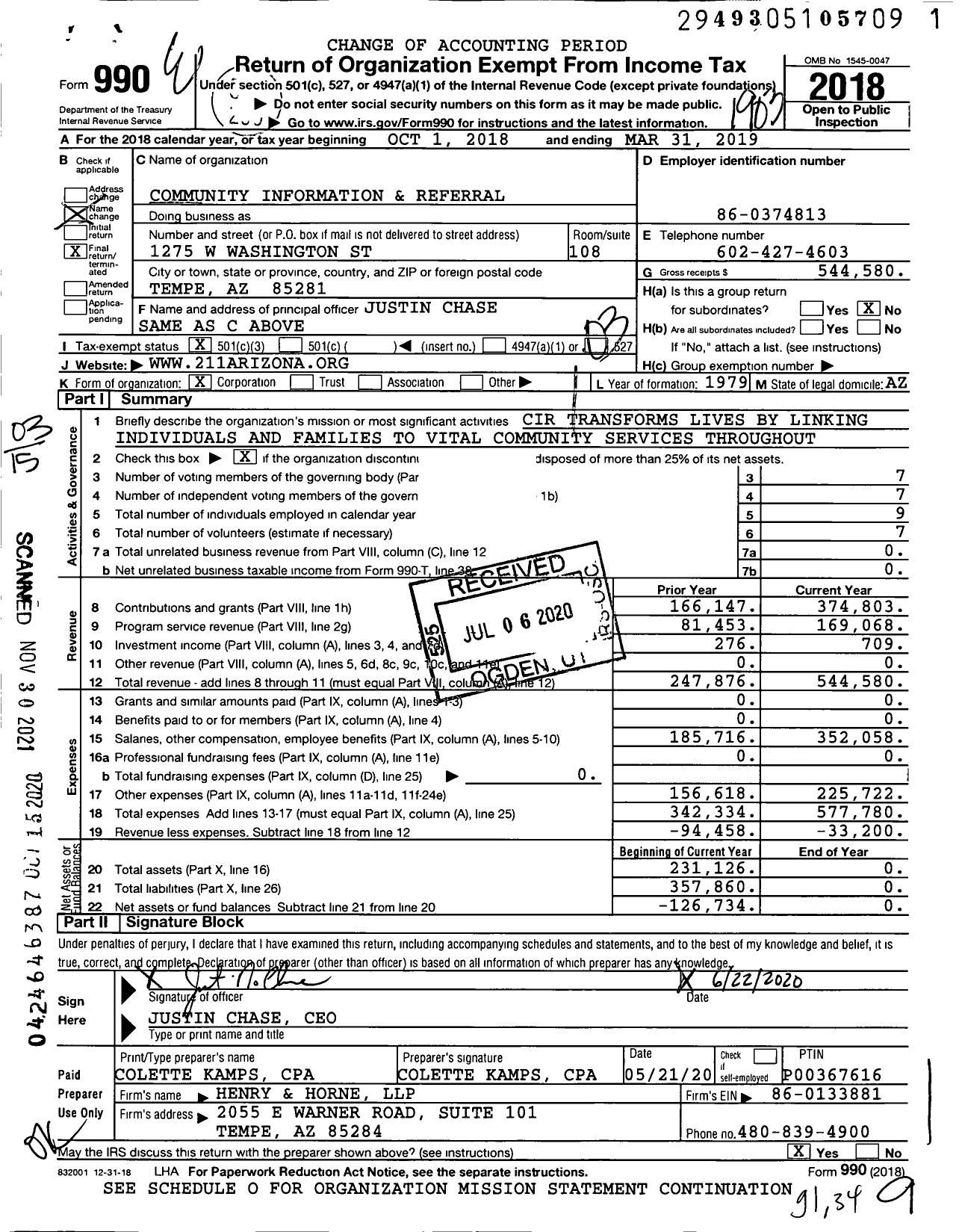 Image of first page of 2018 Form 990 for Community Information and Referral