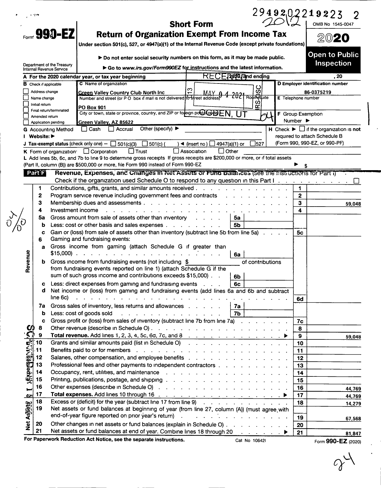 Image of first page of 2020 Form 990EO for Green Valley Country Club North