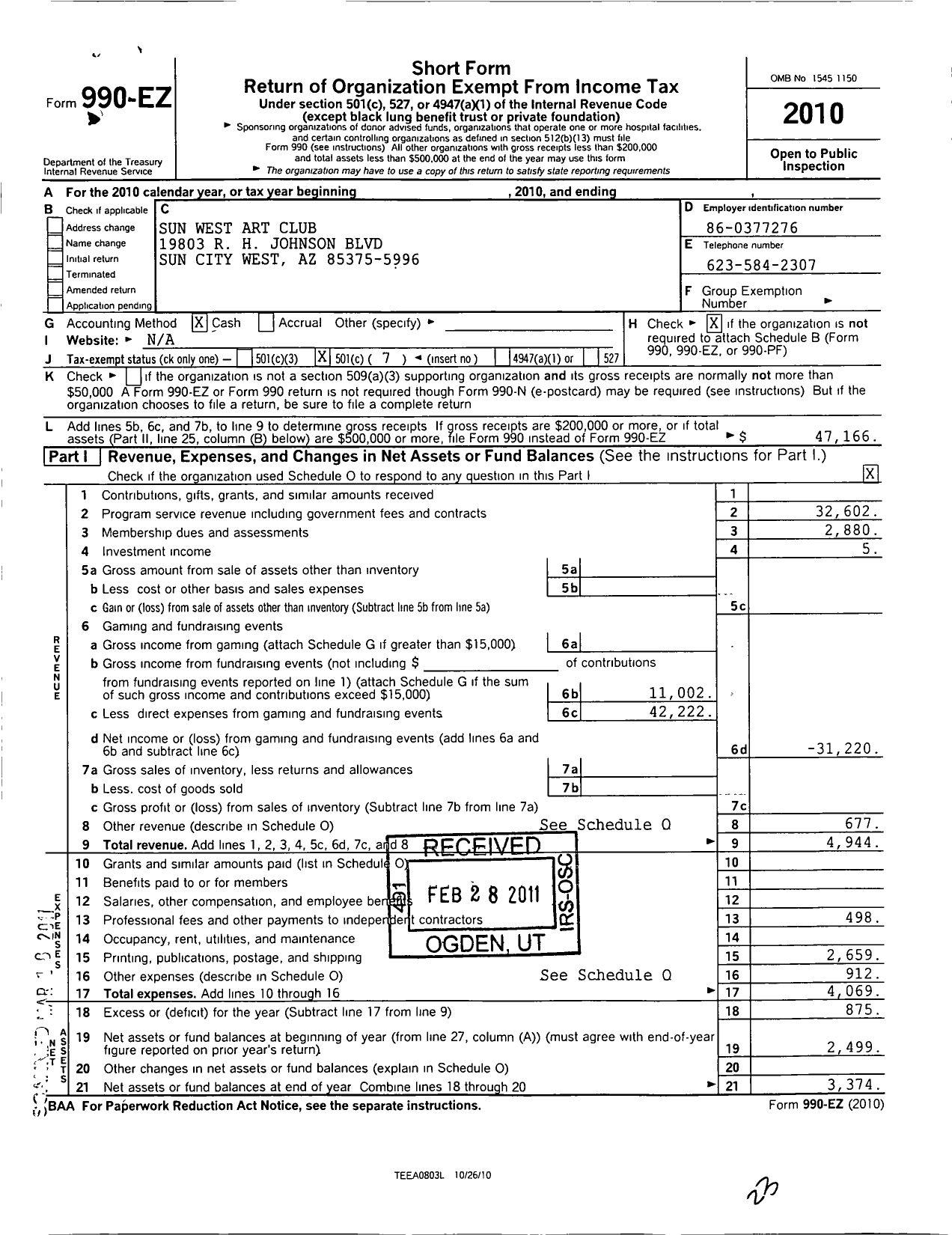 Image of first page of 2010 Form 990EO for Sun West Art Club