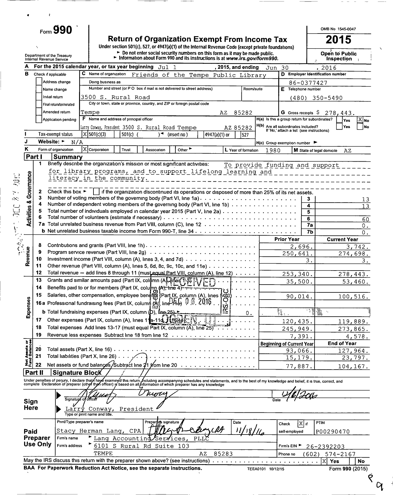 Image of first page of 2015 Form 990 for Friends of the Tempe Public Library