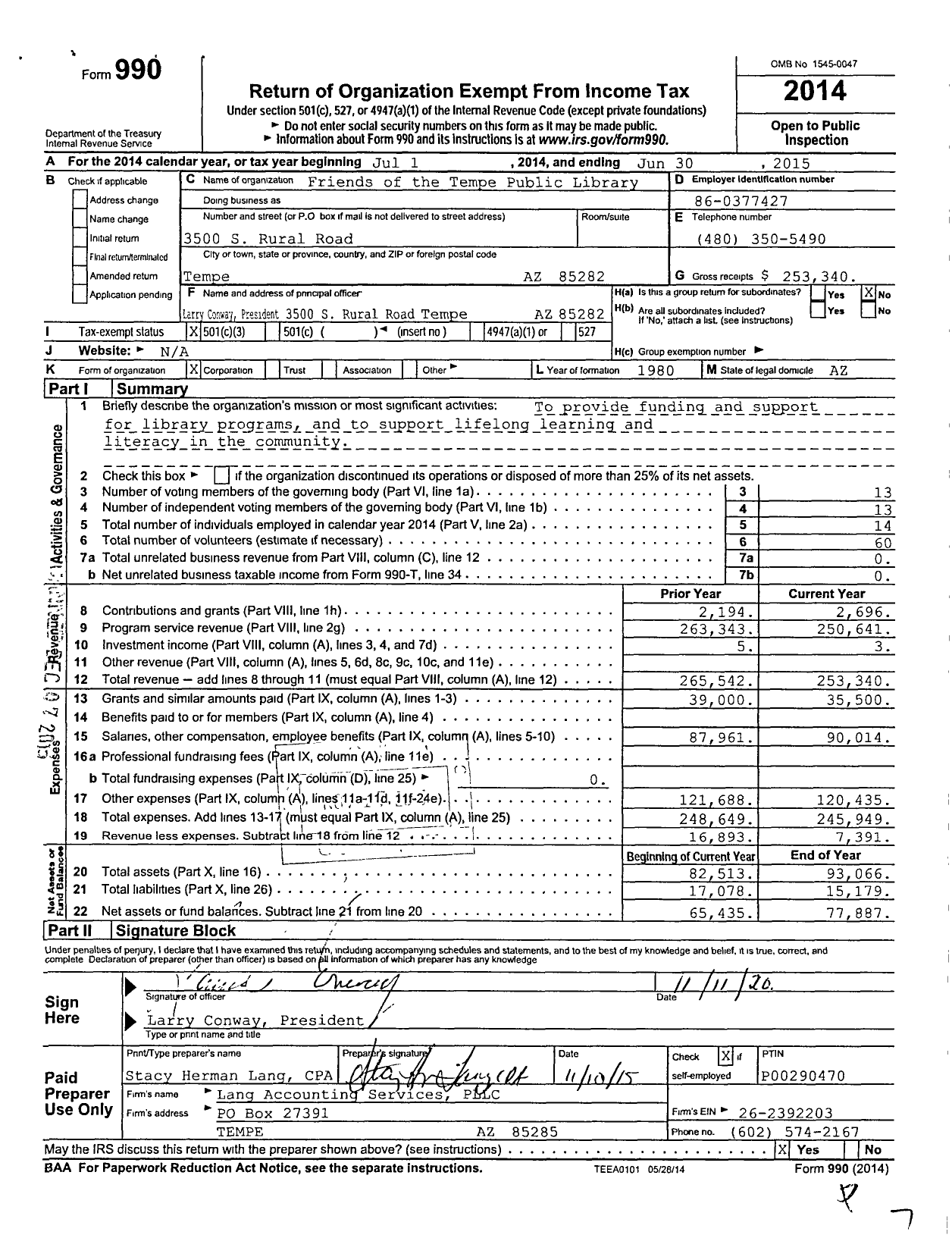 Image of first page of 2014 Form 990 for Friends of the Tempe Public Library