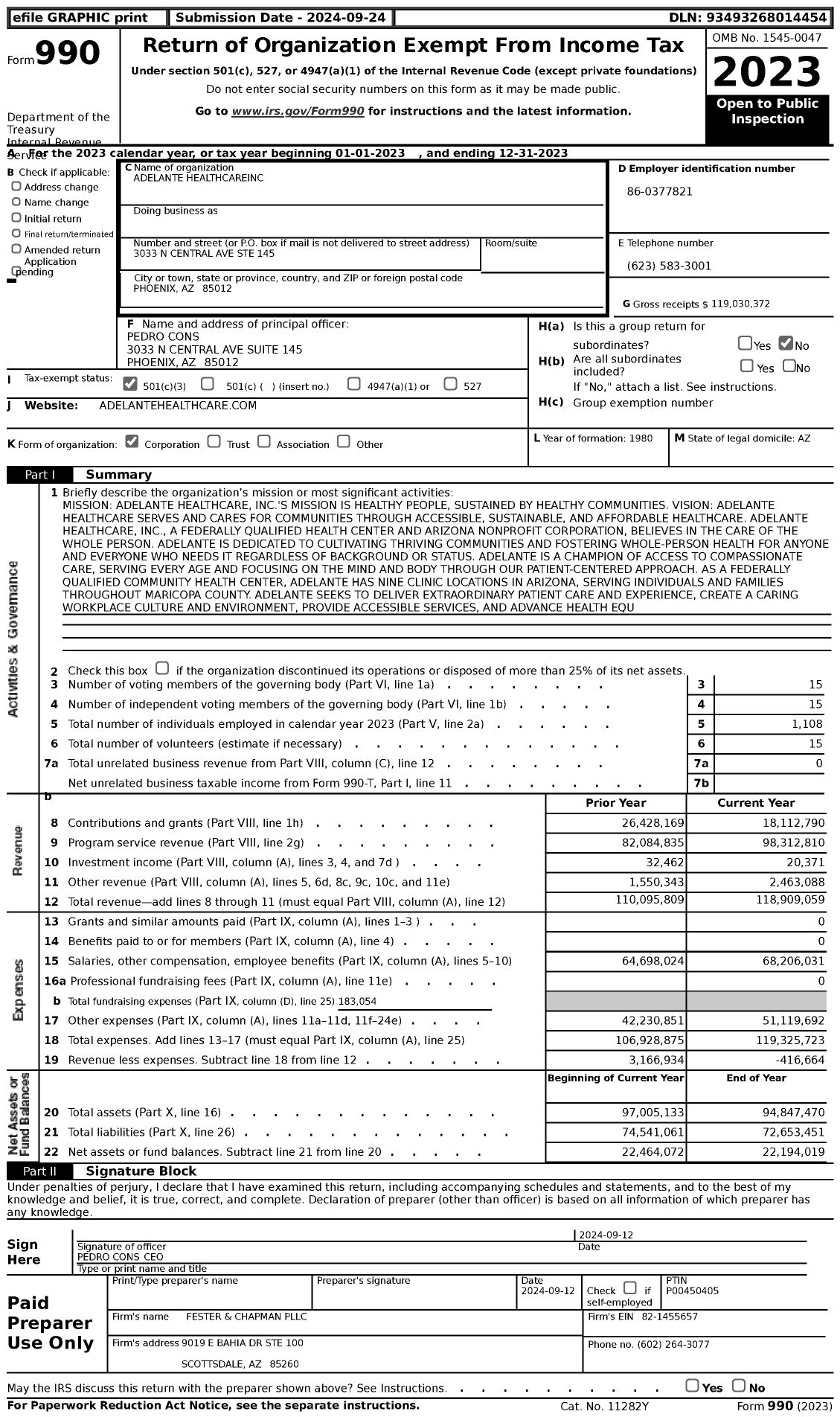 Image of first page of 2023 Form 990 for Adelante Healthcare