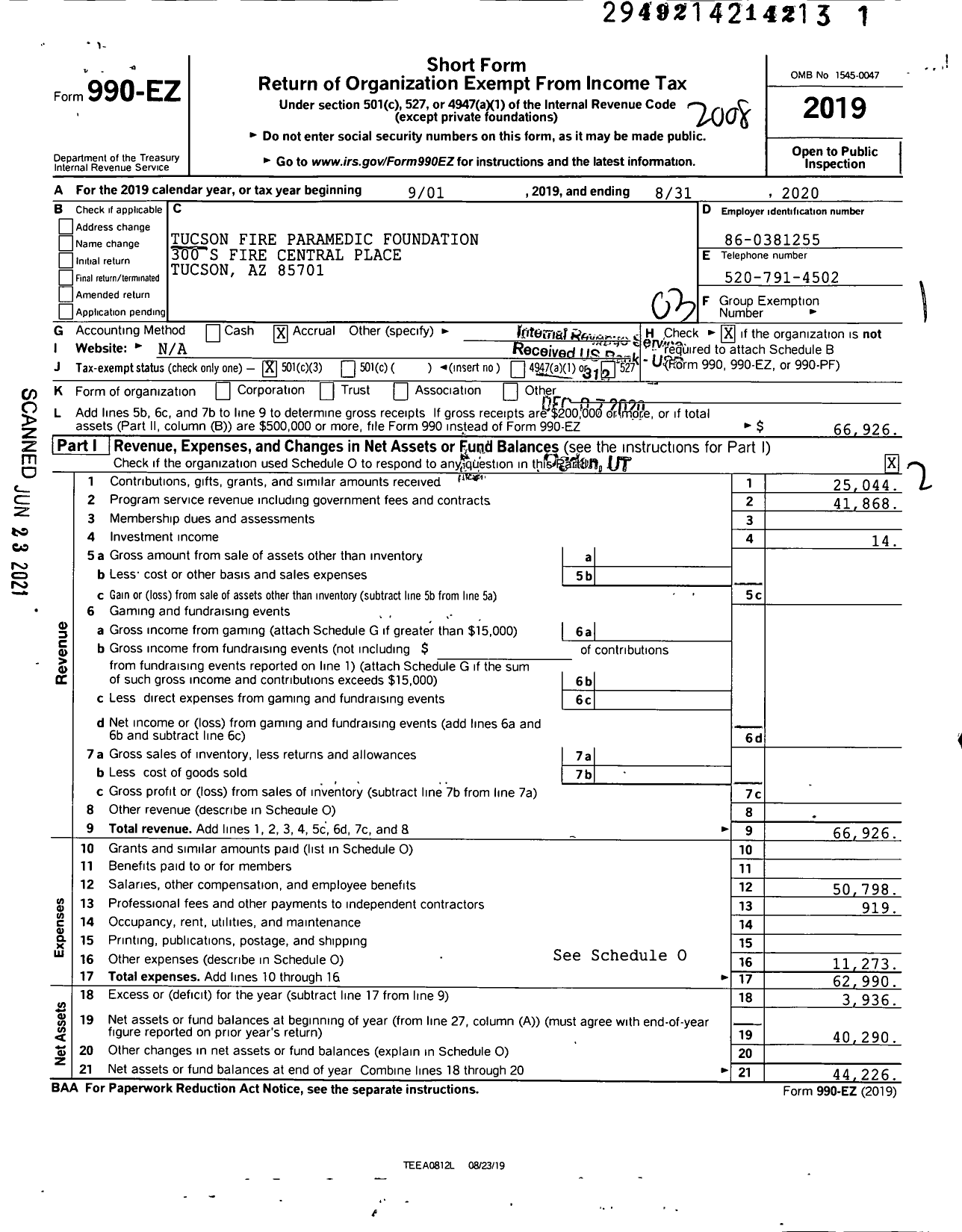 Image of first page of 2019 Form 990EZ for Tucson Fire Paramedic Foundation