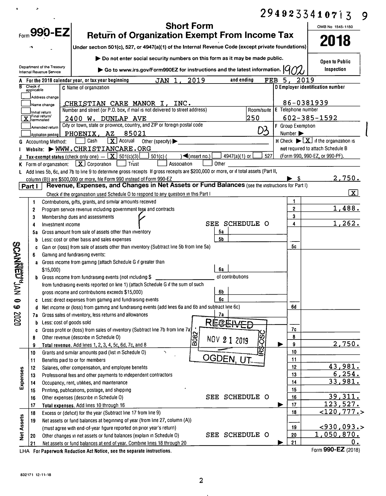 Image of first page of 2018 Form 990EZ for Christian Care Manor