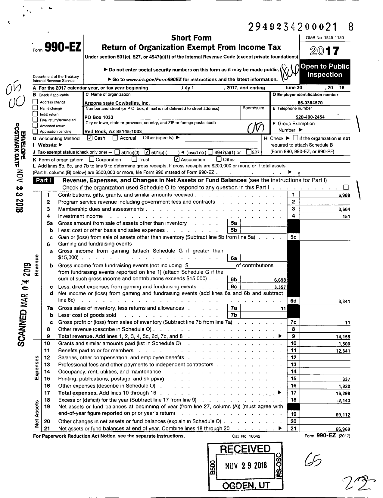 Image of first page of 2017 Form 990EO for Arizona State Cowbelles