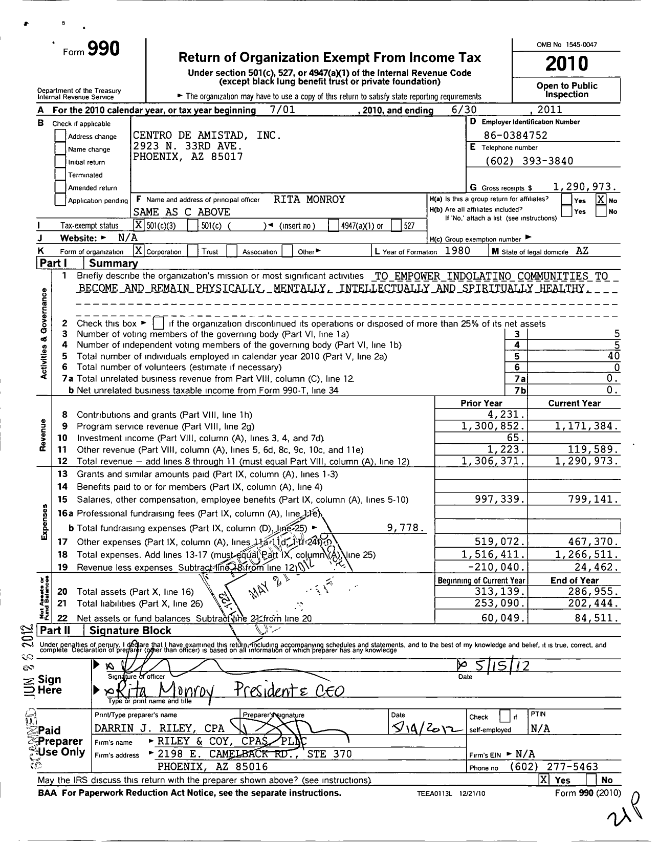 Image of first page of 2010 Form 990 for Centro de Amistad