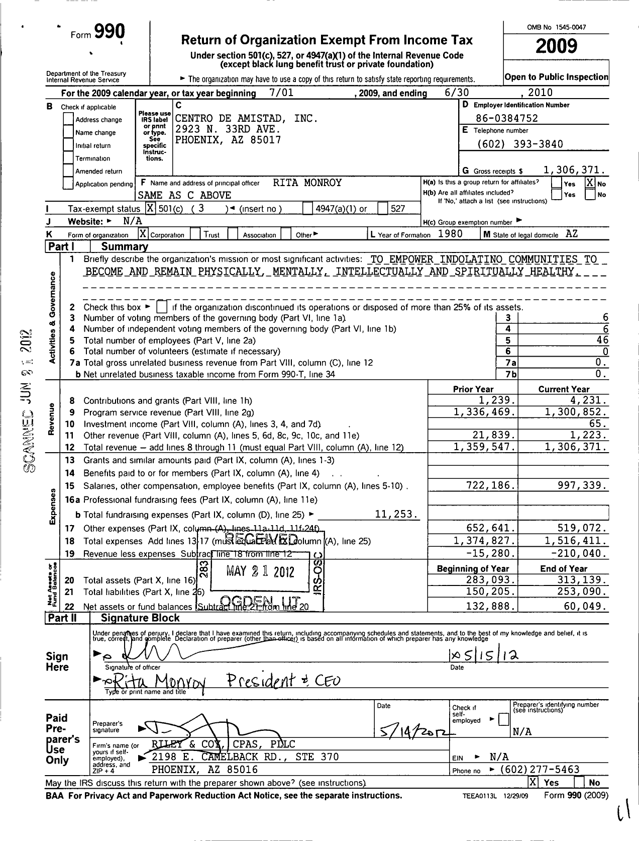 Image of first page of 2009 Form 990 for Centro de Amistad