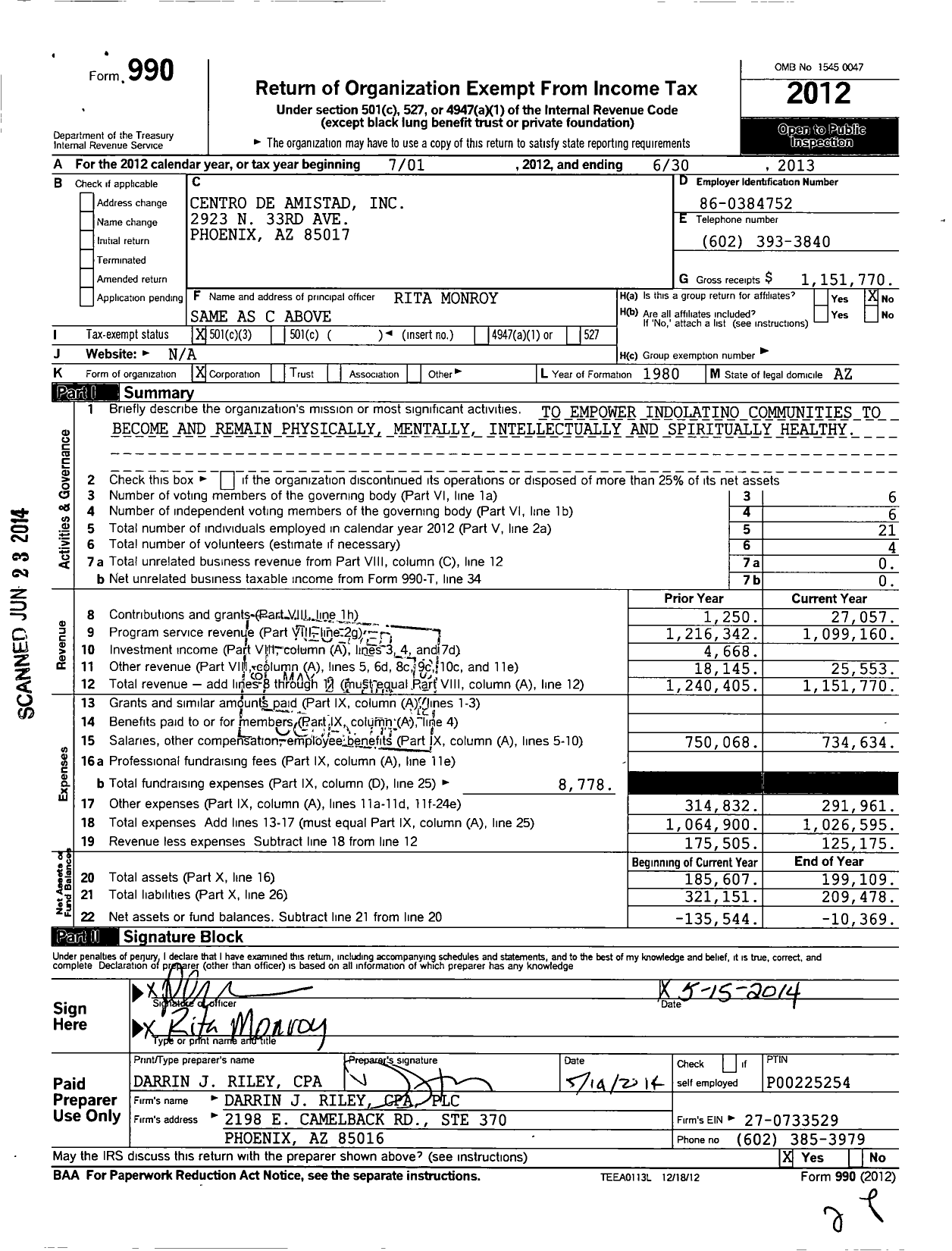 Image of first page of 2012 Form 990 for Centro de Amistad