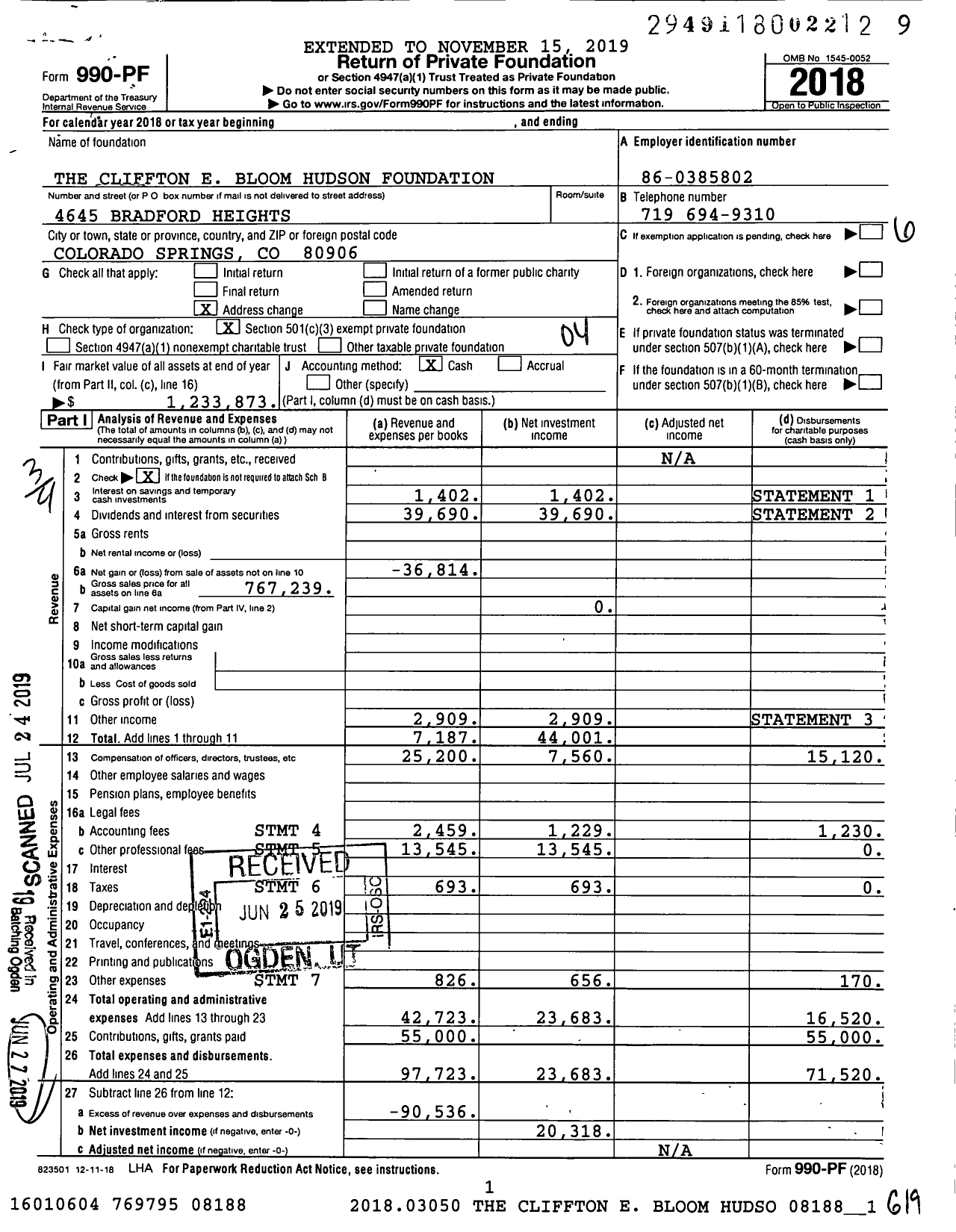 Image of first page of 2018 Form 990PF for Clifton E Bloom Hudson Foundation