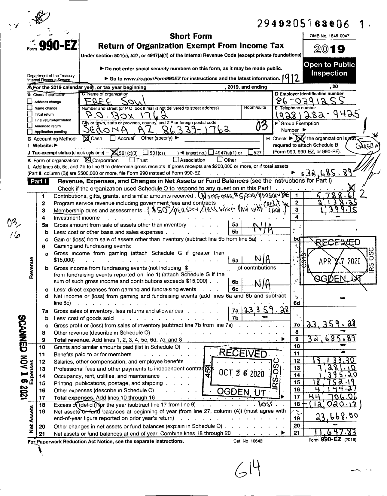 Image of first page of 2019 Form 990EZ for Free Soul