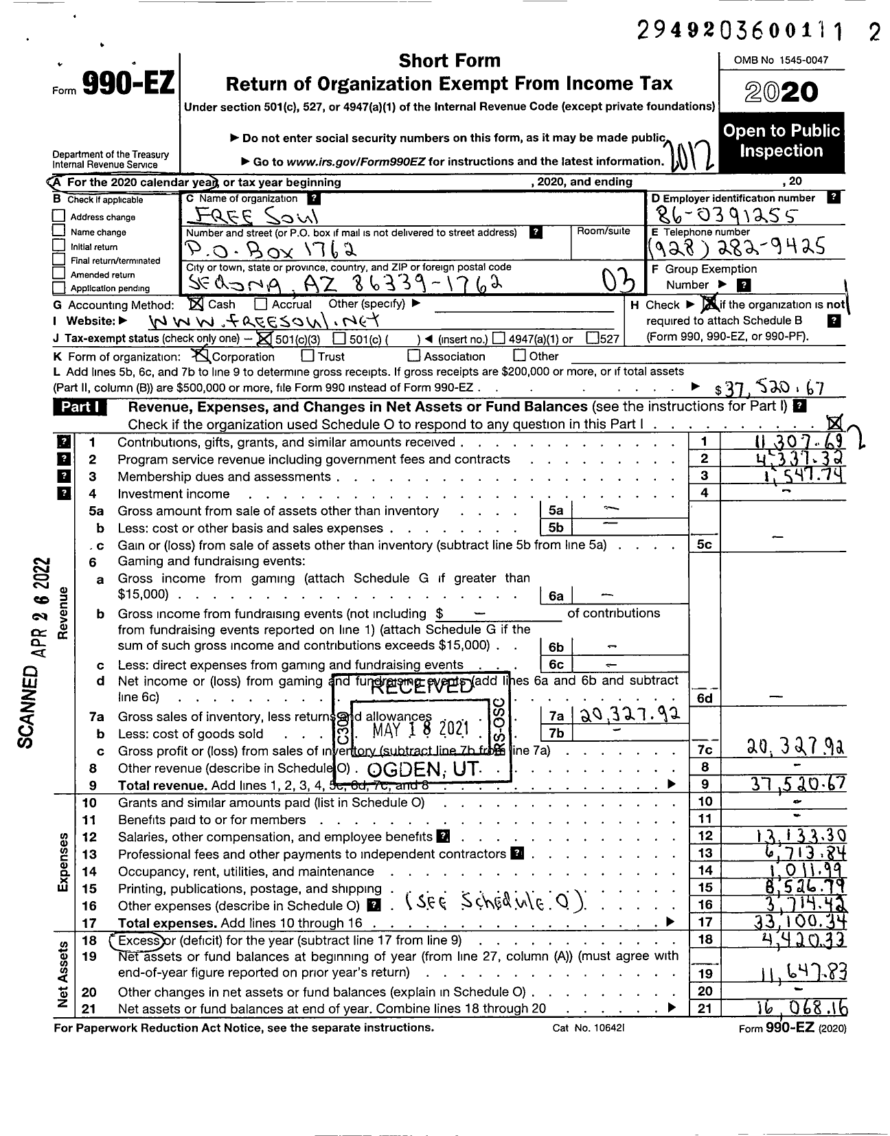 Image of first page of 2020 Form 990EZ for Free Soul