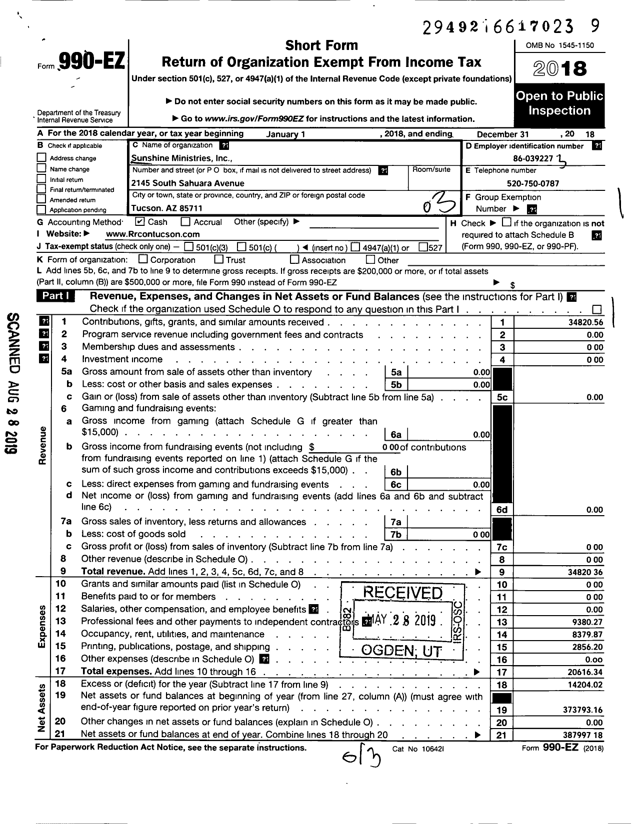 Image of first page of 2018 Form 990EZ for Sunshine Ministries / Sunshine Church