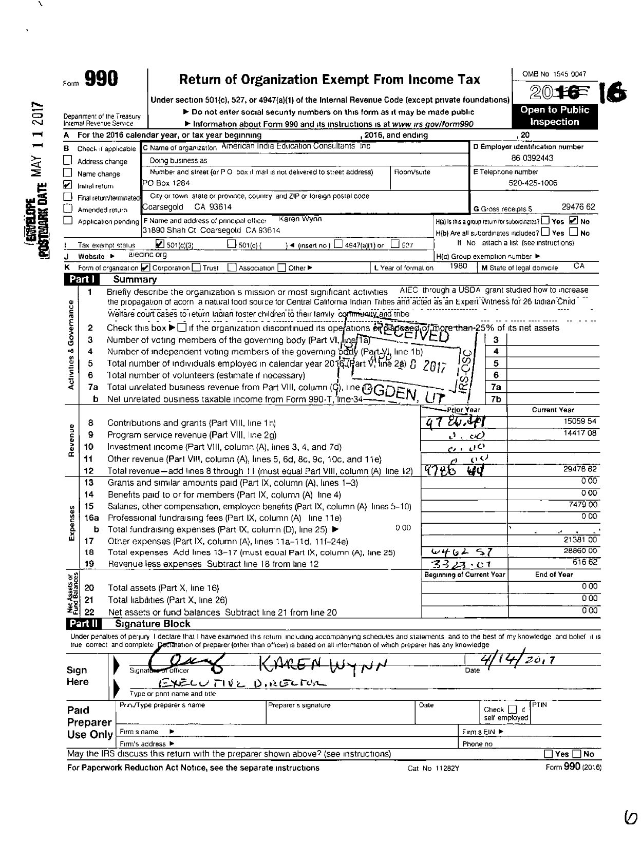 Image of first page of 2016 Form 990 for American Indian Education Consultants