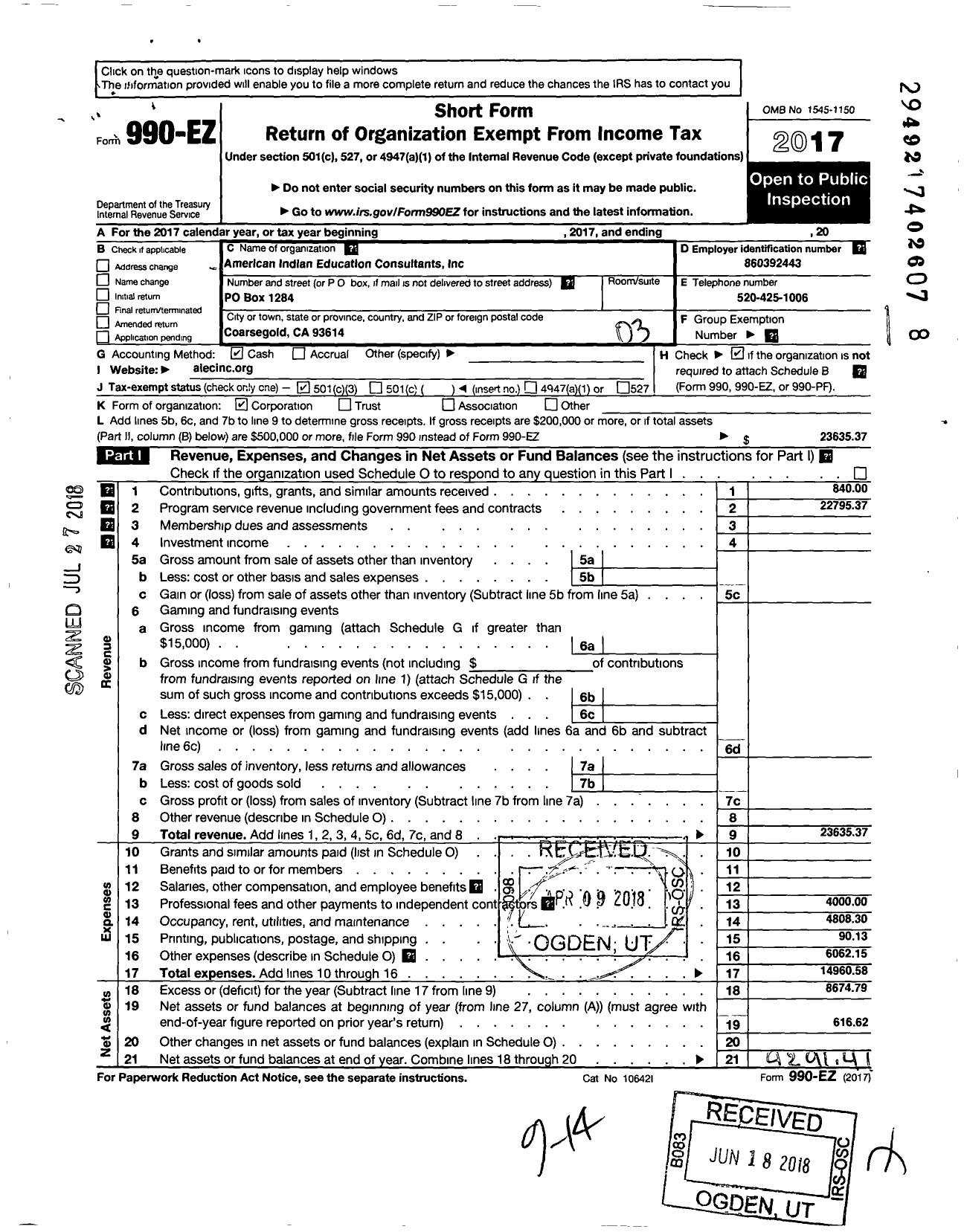 Image of first page of 2017 Form 990EZ for American Indian Education Consultants