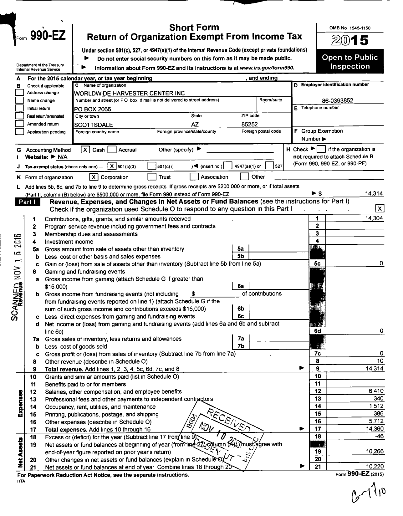 Image of first page of 2015 Form 990EZ for Worldwide Harvester Center