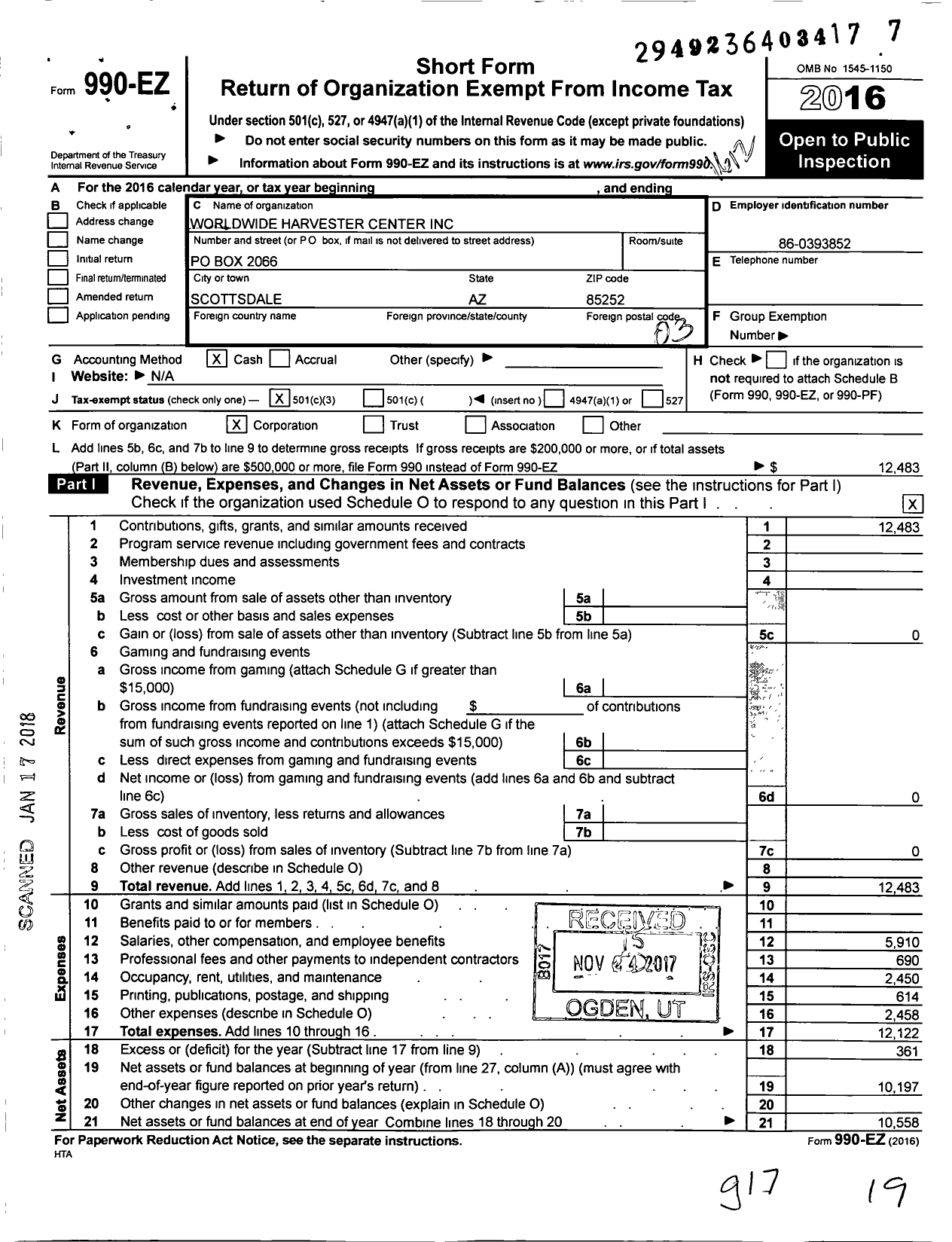 Image of first page of 2016 Form 990EZ for Worldwide Harvester Center