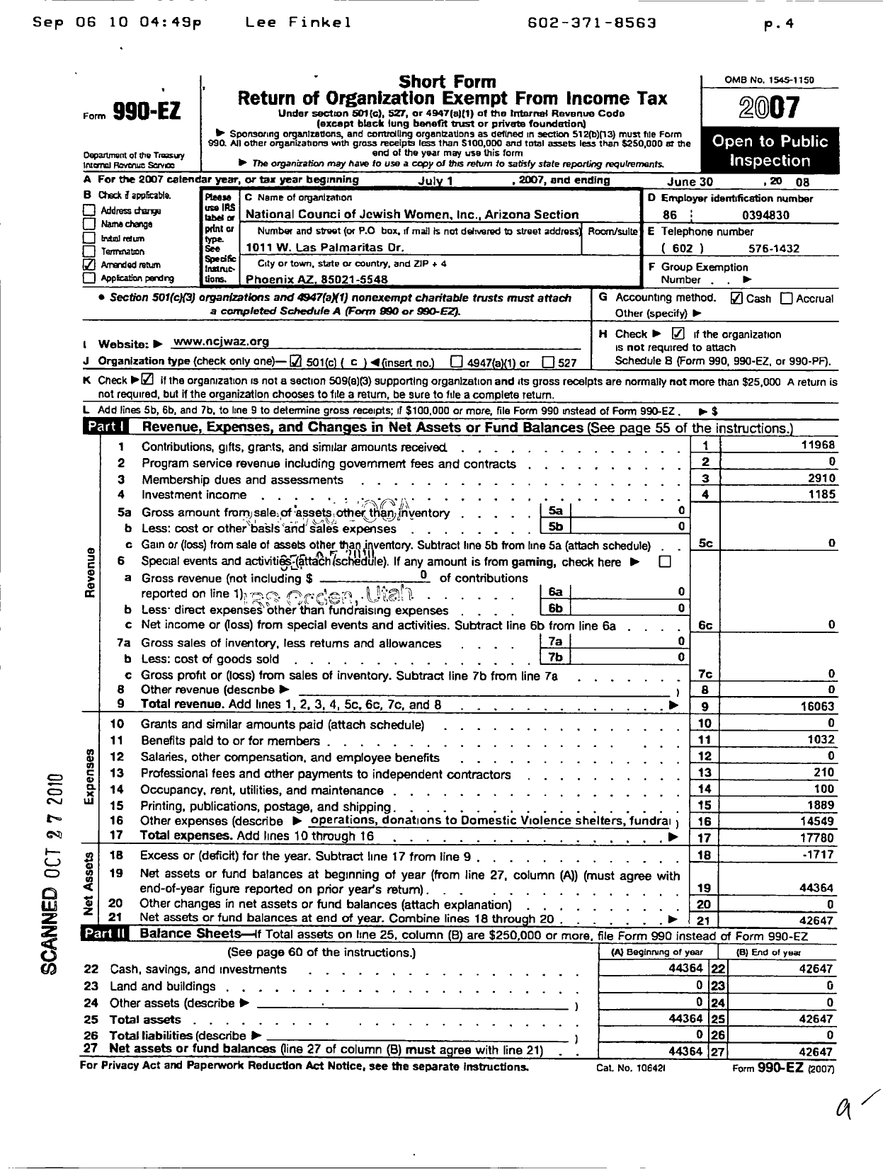 Image of first page of 2007 Form 990EO for National Council of Jewish Women Arizona (NCJWAZ)