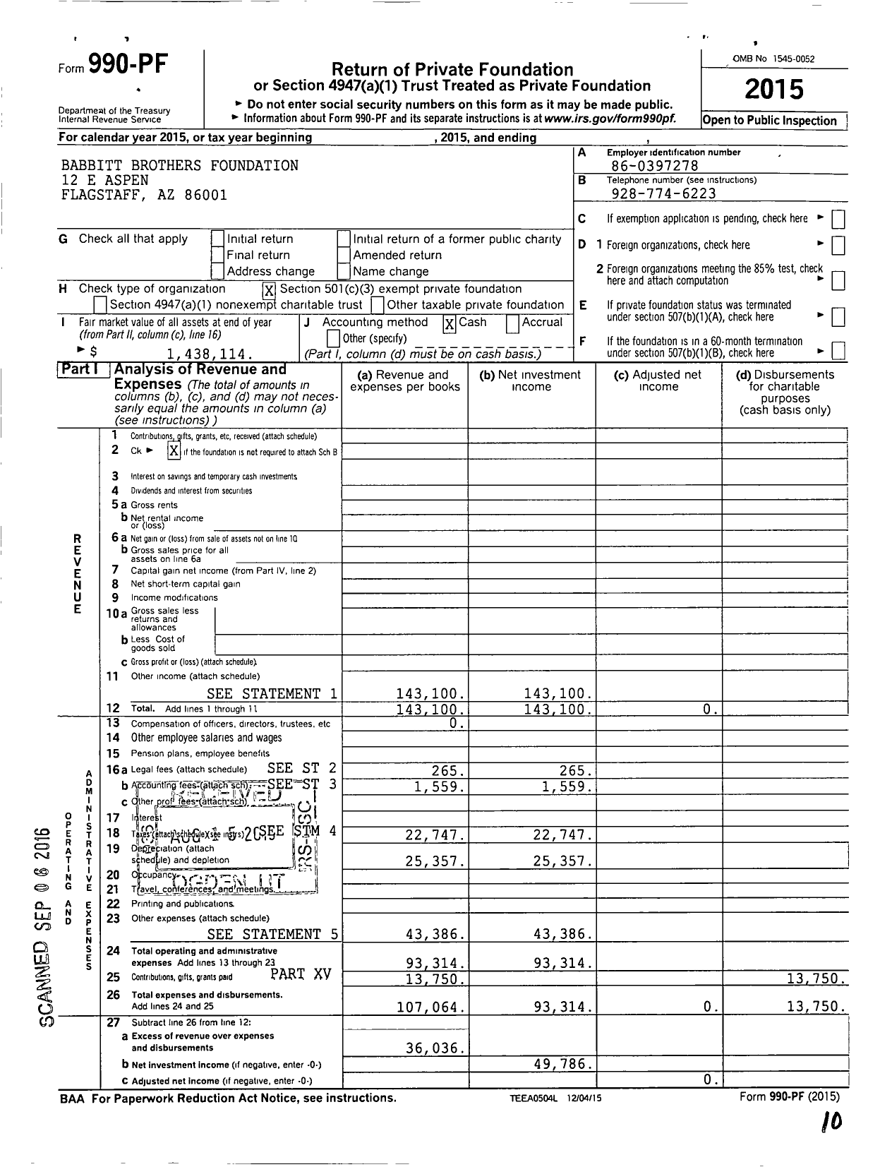 Image of first page of 2015 Form 990PF for Babbitt Brothers Foundation