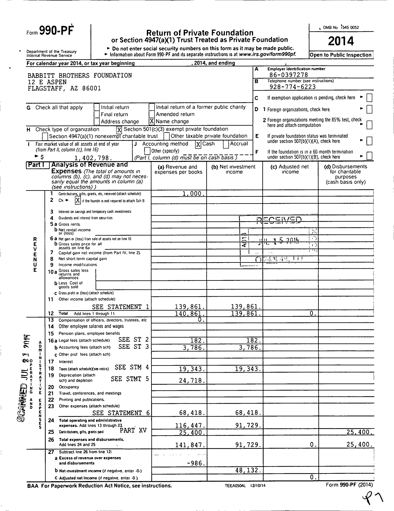 Image of first page of 2014 Form 990PF for Babbitt Brothers Foundation