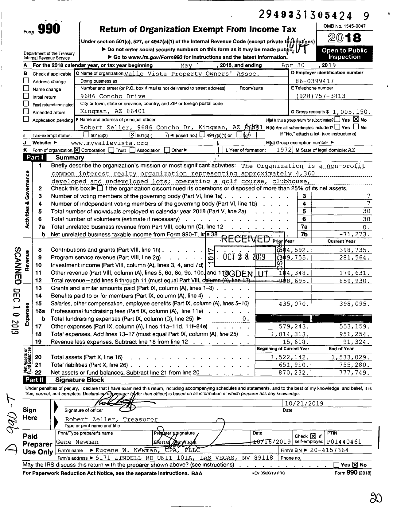 Image of first page of 2018 Form 990O for Valle Vista Property Owners' Association