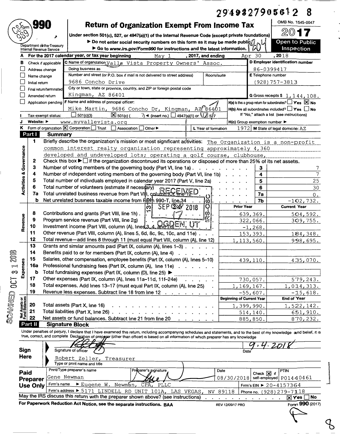 Image of first page of 2017 Form 990O for Valle Vista Property Owners' Association