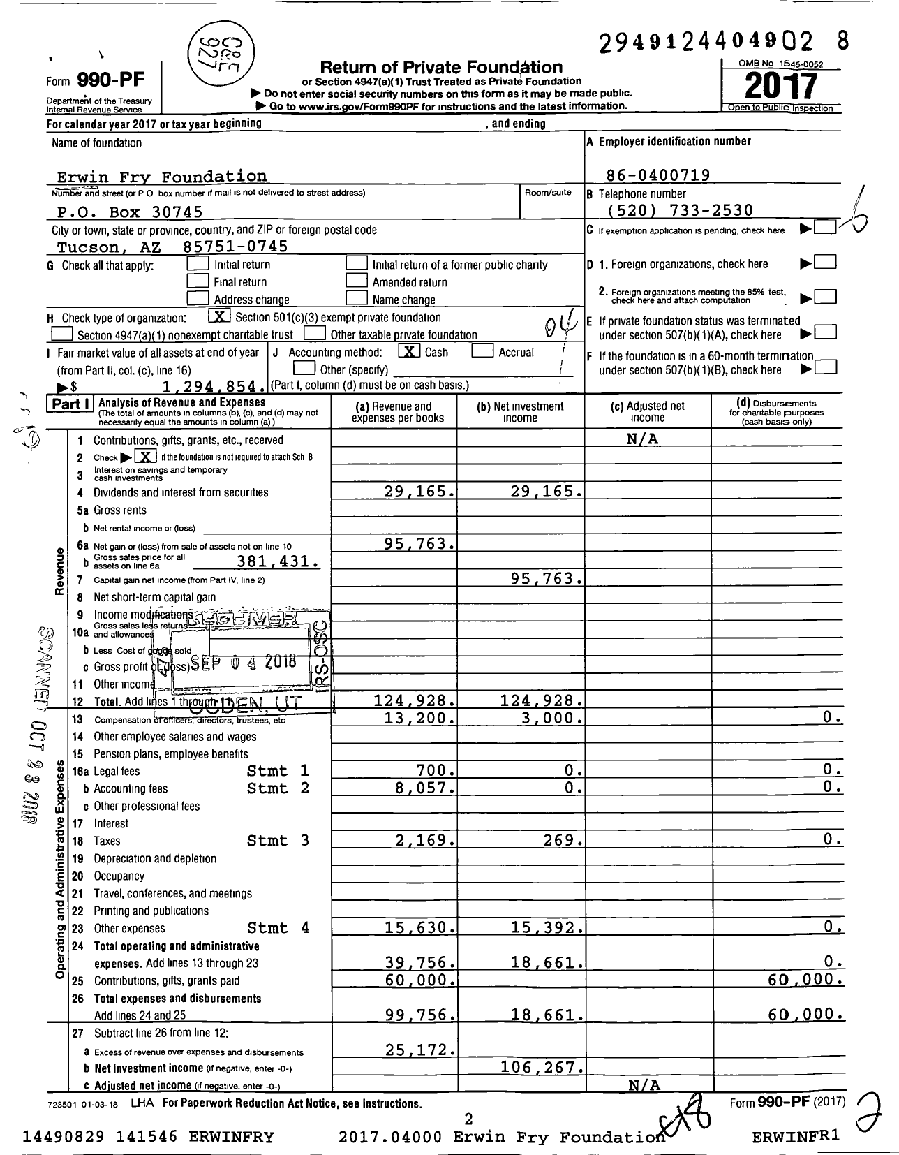Image of first page of 2017 Form 990PF for Erwin Fry Foundation