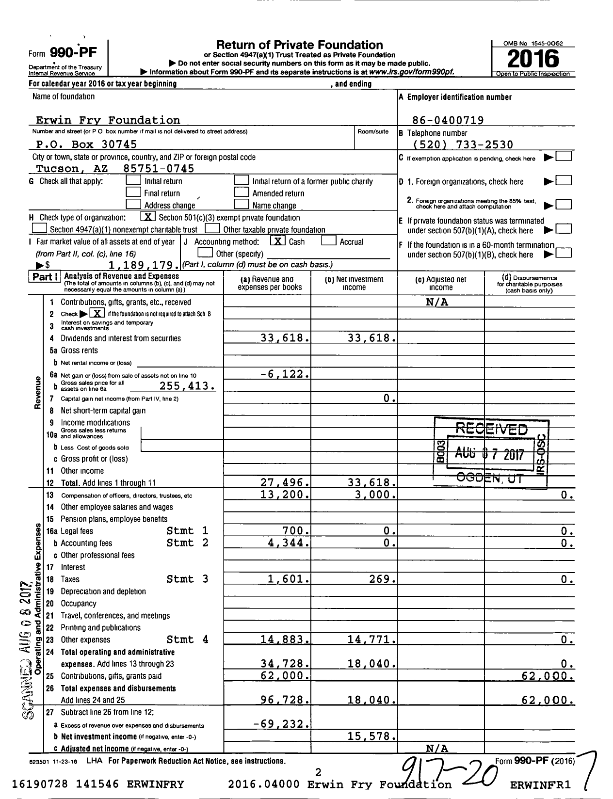 Image of first page of 2016 Form 990PF for Erwin Fry Foundation