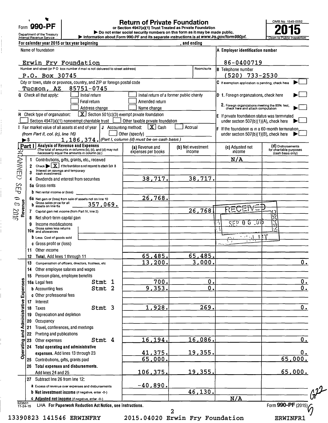 Image of first page of 2015 Form 990PF for Erwin Fry Foundation