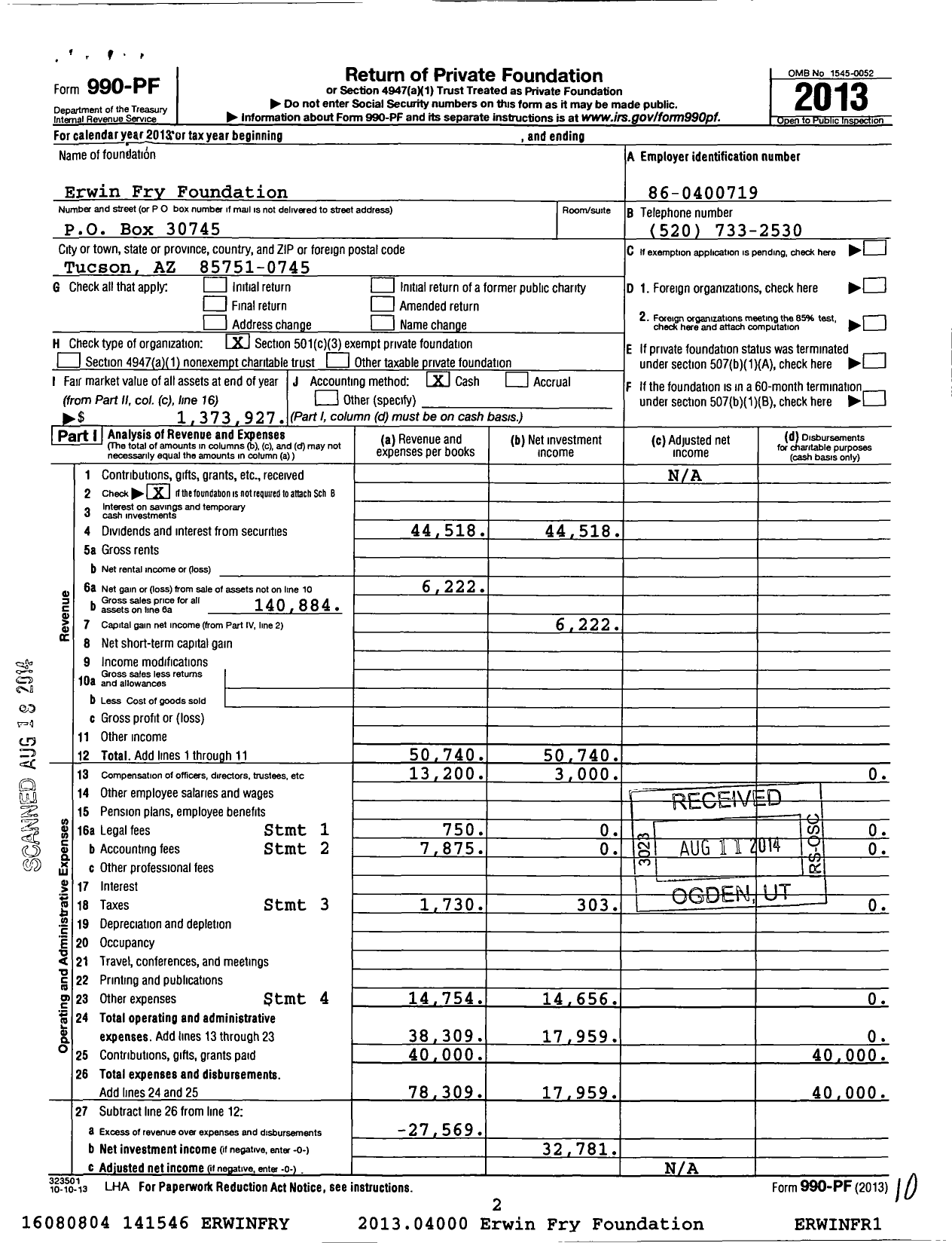 Image of first page of 2013 Form 990PF for Erwin Fry Foundation