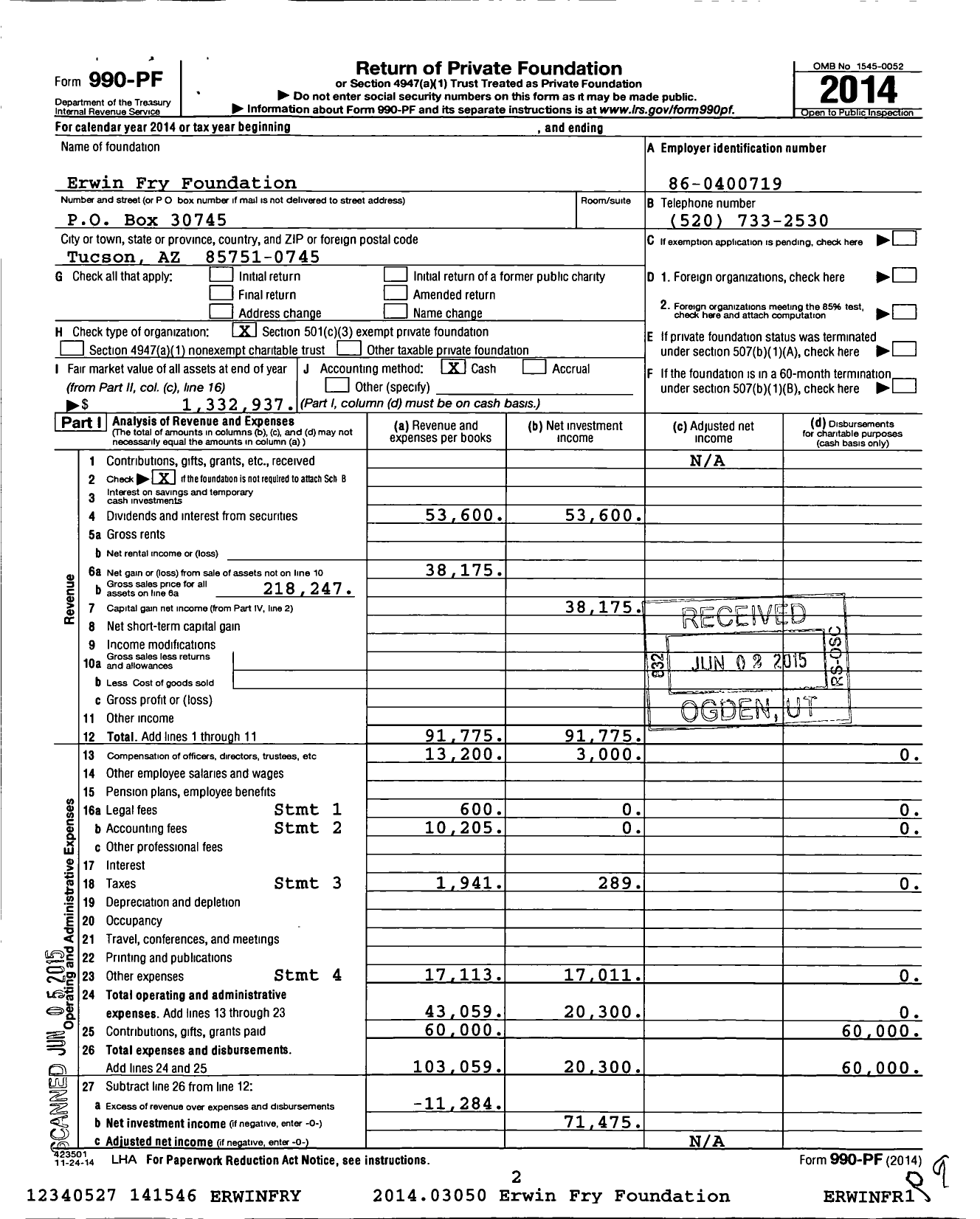 Image of first page of 2014 Form 990PF for Erwin Fry Foundation