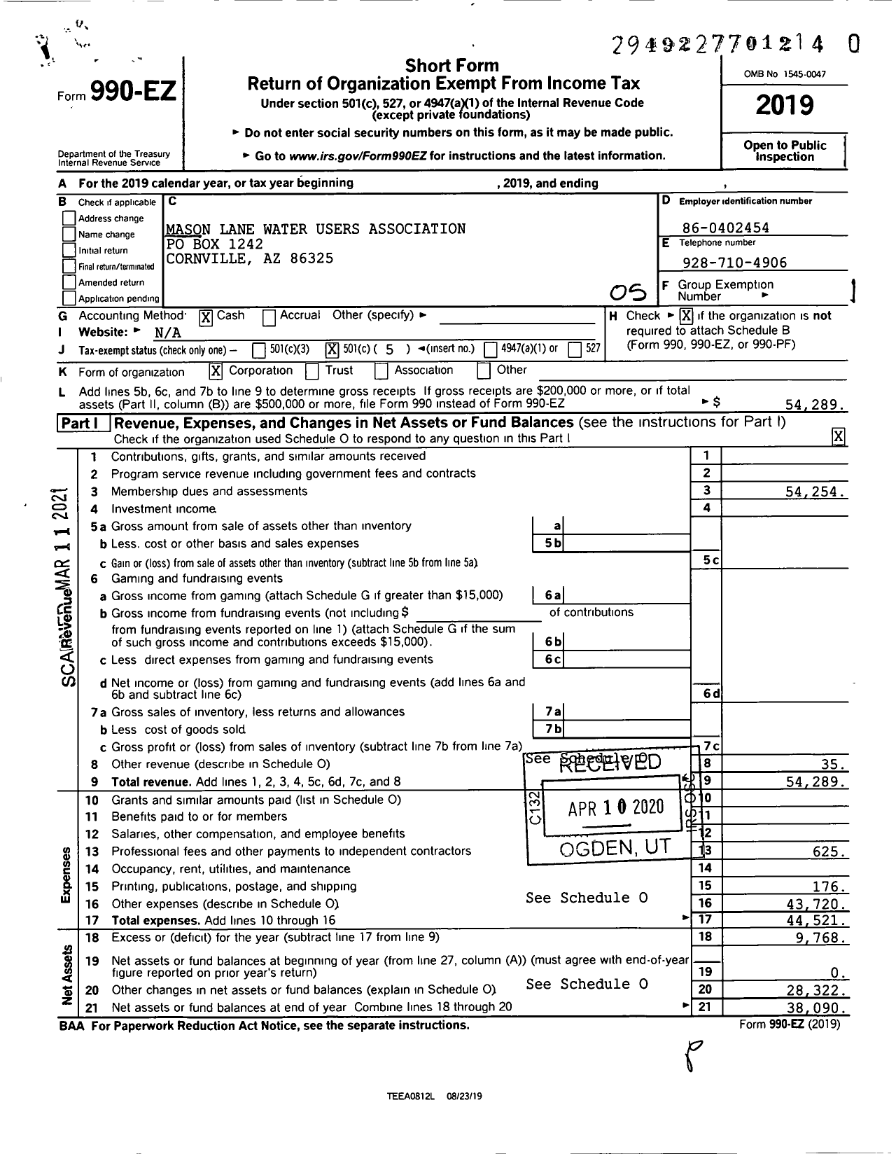 Image of first page of 2019 Form 990EO for Mason Lane Water Users Association