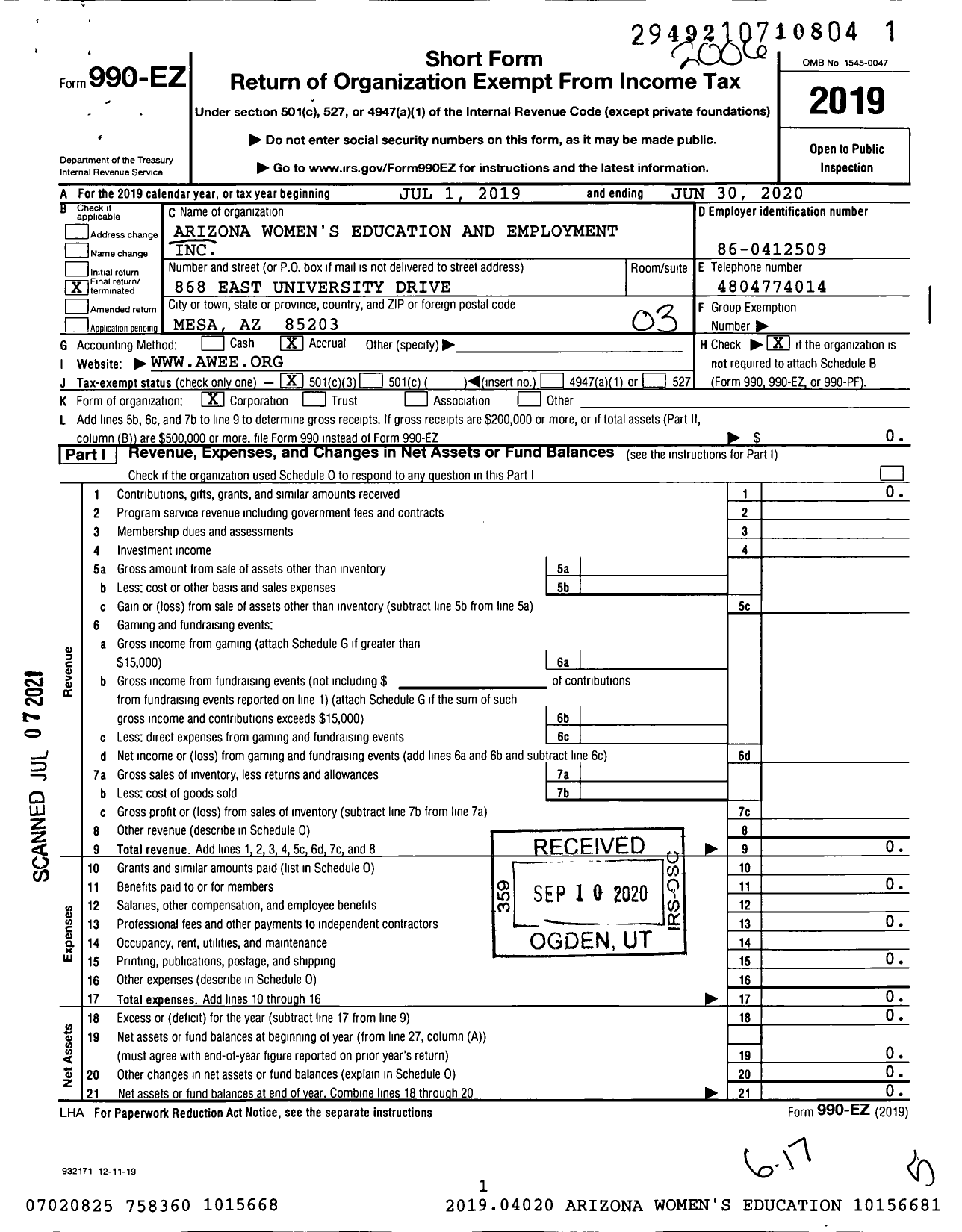 Image of first page of 2019 Form 990EZ for Arizona Women's Education and Employment