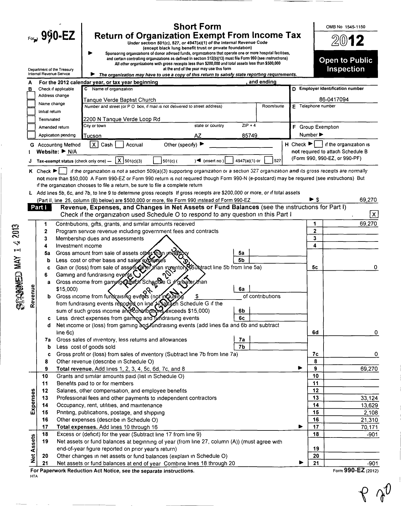 Image of first page of 2012 Form 990EZ for Tanque Verde Baptist Church