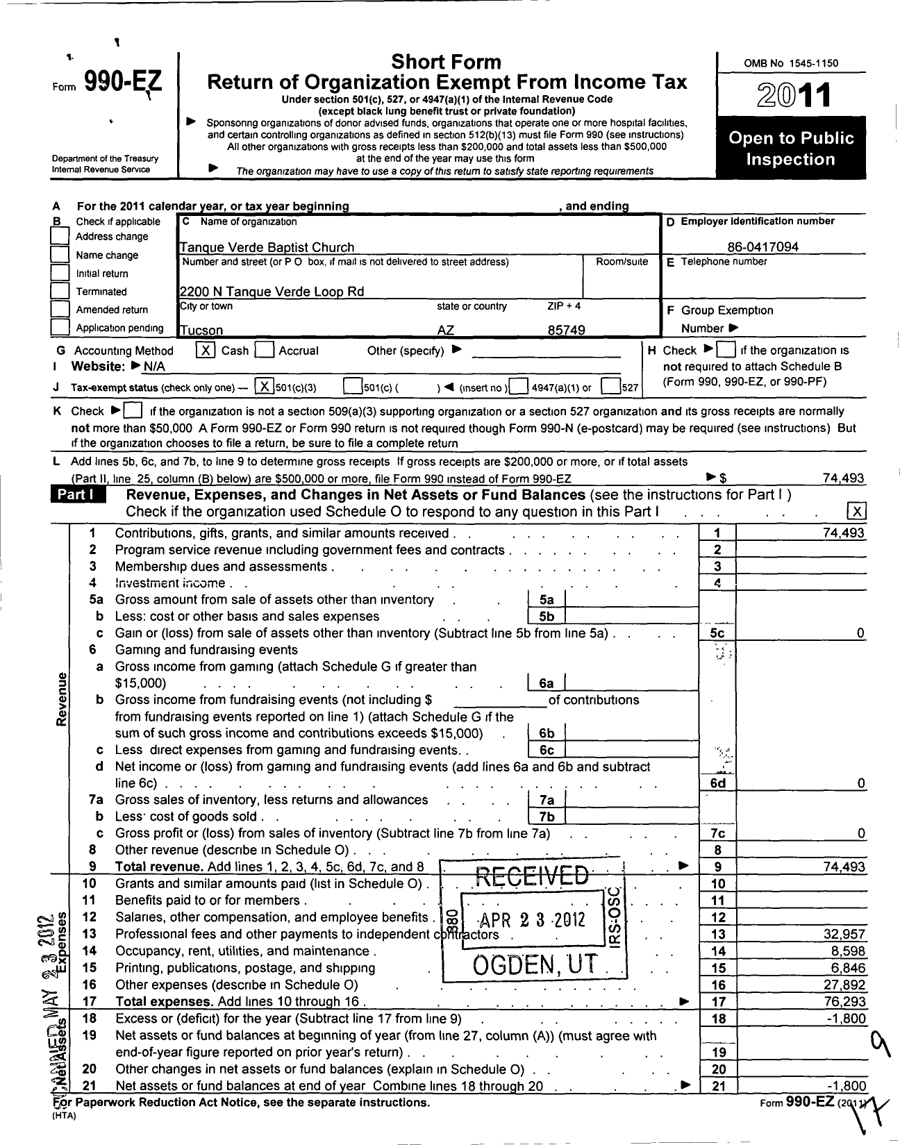 Image of first page of 2011 Form 990EZ for Tanque Verde Baptist Church