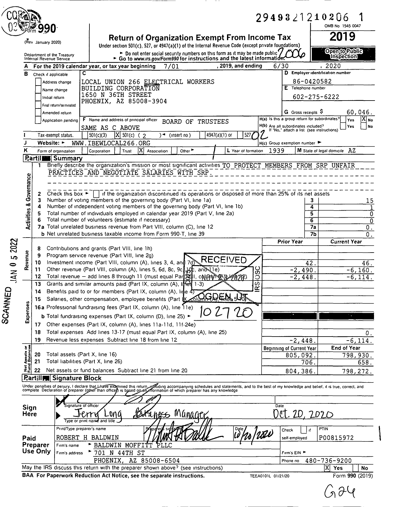 Image of first page of 2019 Form 990O for Local Union 266 Electrical Workers Building Corporation