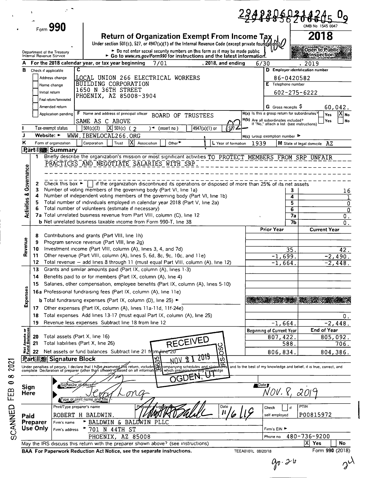 Image of first page of 2018 Form 990O for Local Union 266 Electrical Workers Building Corporation